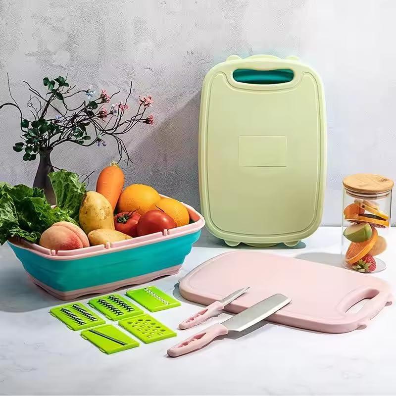 R&M HOME Green Plastic Multi-Functional Folding Cutting Board, 9-in-1 with Grating, Chopping, Slicing, Cutting, and Washing Functions for Vegetables and Fruits, Knife-Safe, Perfect for Kitchen.