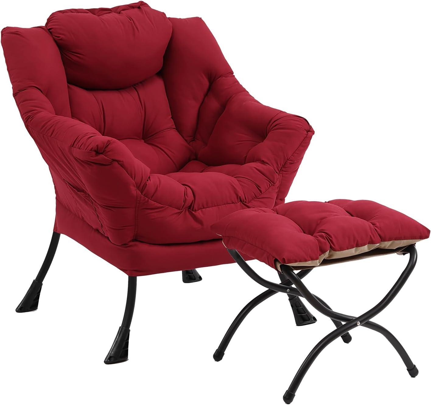 Burgundy Velvet Accent Chair with Ottoman and Metal Frame