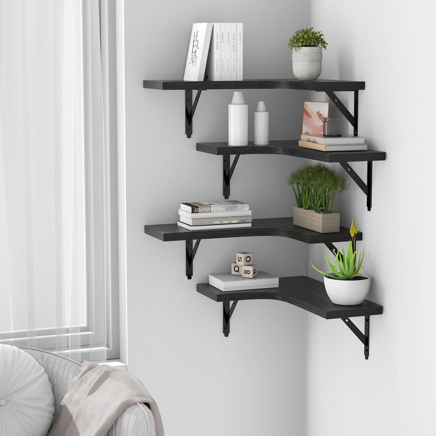 Black Rustic Wood L-Shaped Corner Floating Shelves, Set of 4