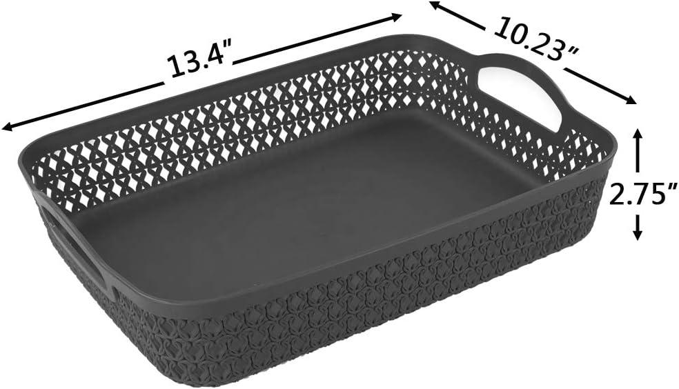 6 Packs Large Plastic Storage Basket Tray with Handle, Shallow Paper Storage Basket, Gray