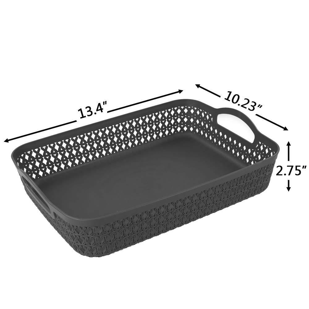 6 Packs Large Plastic Storage Basket Tray with Handle, Shallow Paper Storage Basket, Gray