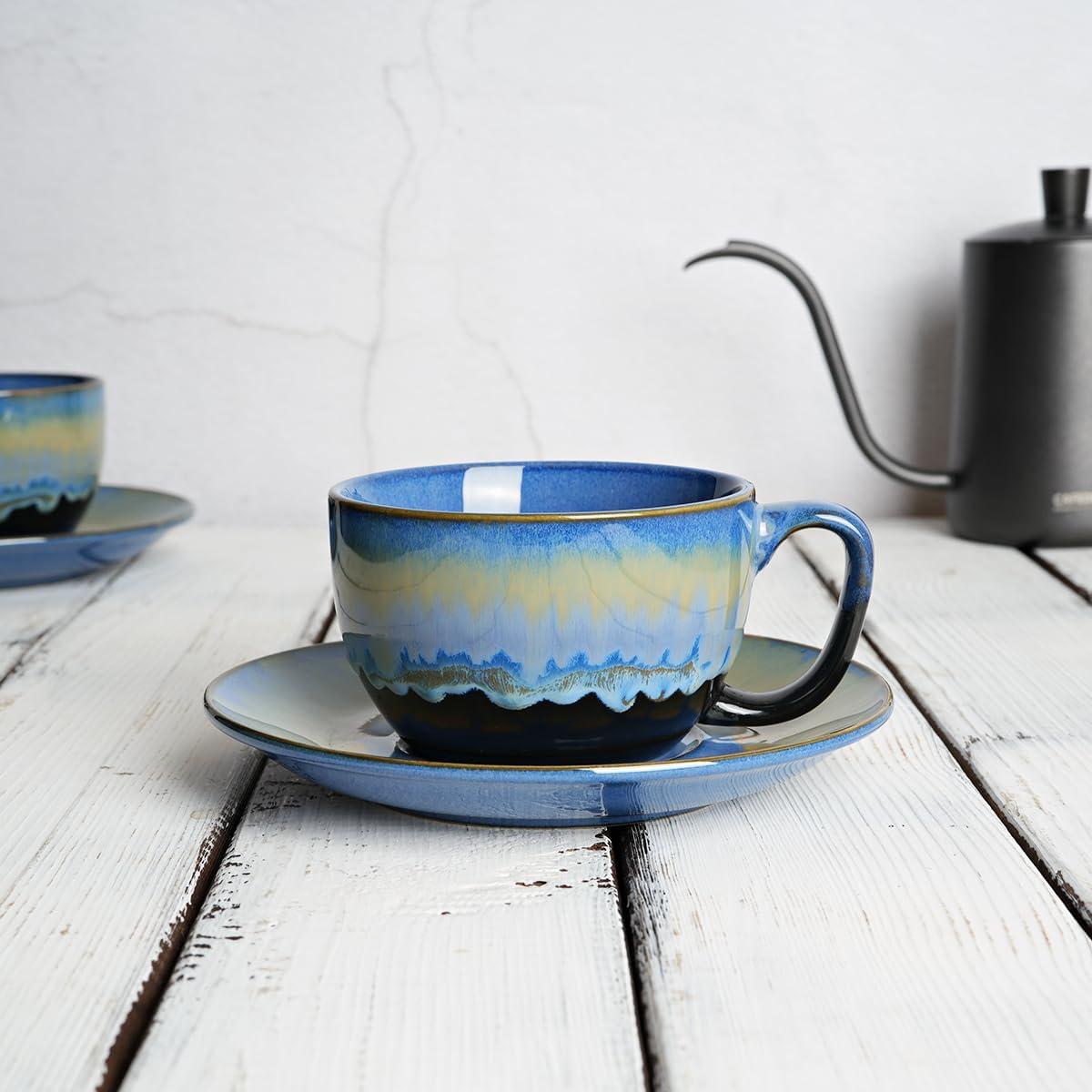 shuoli Ceramic Cappuccino Cup And Saucer Set Of 2, 10 Oz, Dishwasher And Microwave Safe, Coffee Cups For Latte, Espresso, Tea, Reavtive Glaze (Blue, 10 Oz) | Wayfair