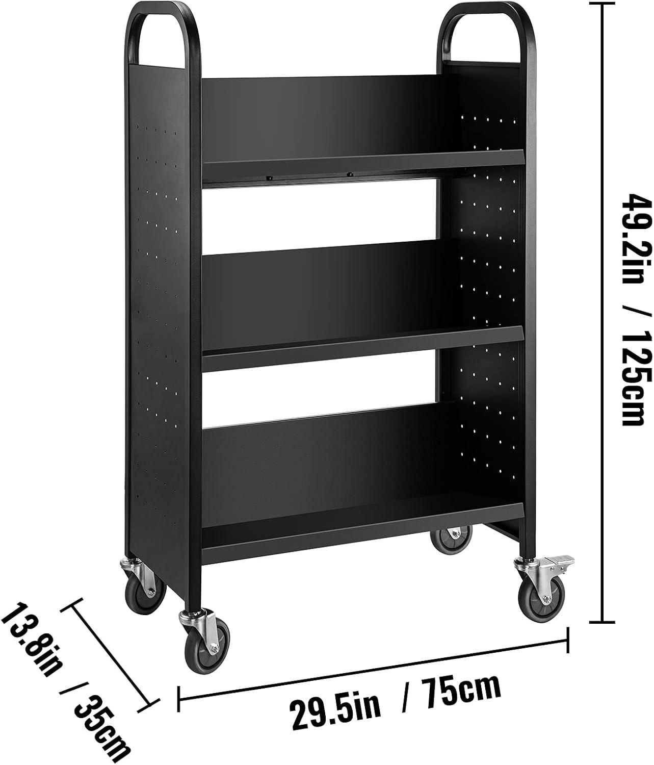 Black Steel Rolling Library Cart with V-Shaped Shelves