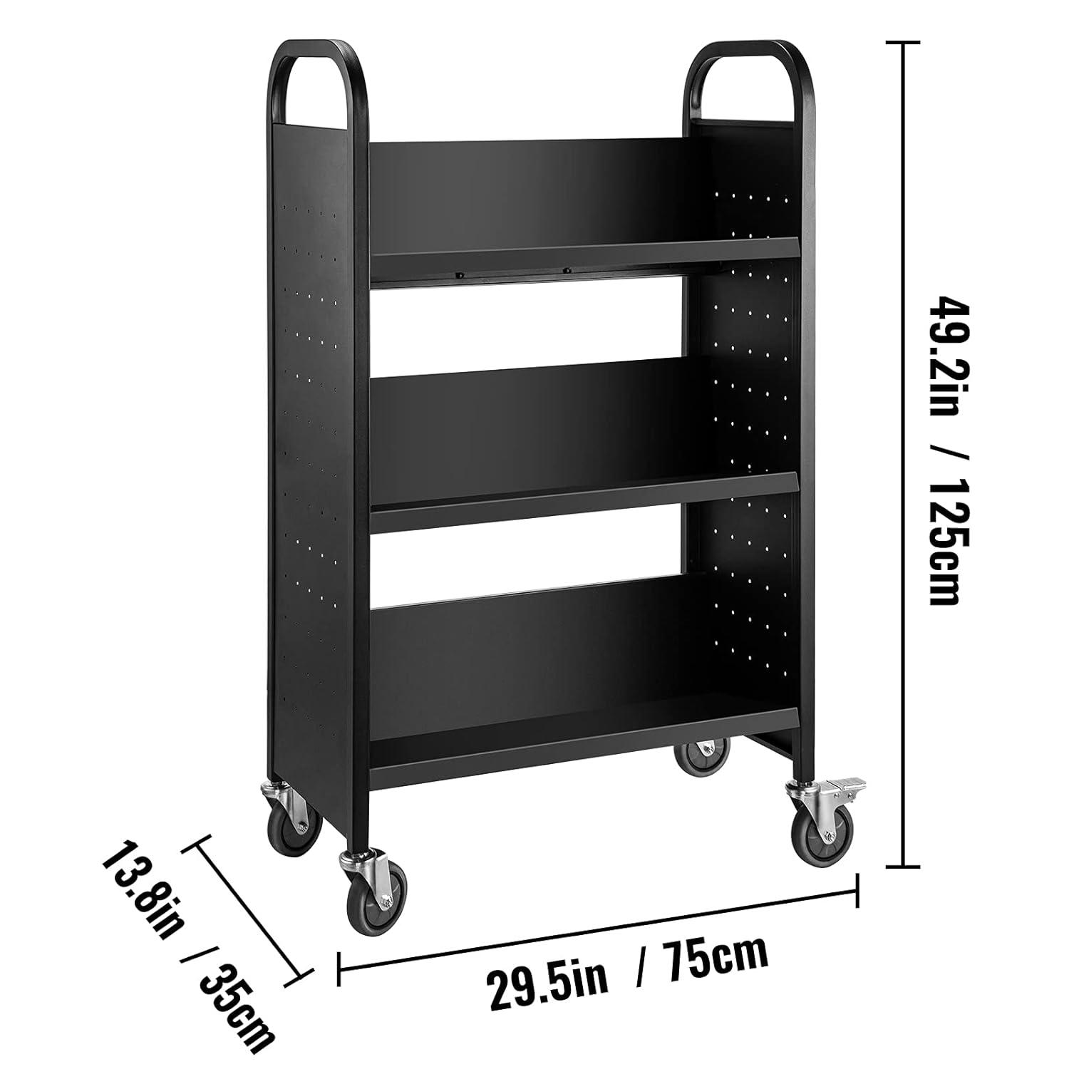 VEVOR Book Cart, 200lbs Library Cart, 30x14x49 Inch Rolling Book Cart Single Sided V-Shaped Sloped Shelves with 4 Inch Lockable Wheels, for Home Shelves Office and School Book Truck in Black