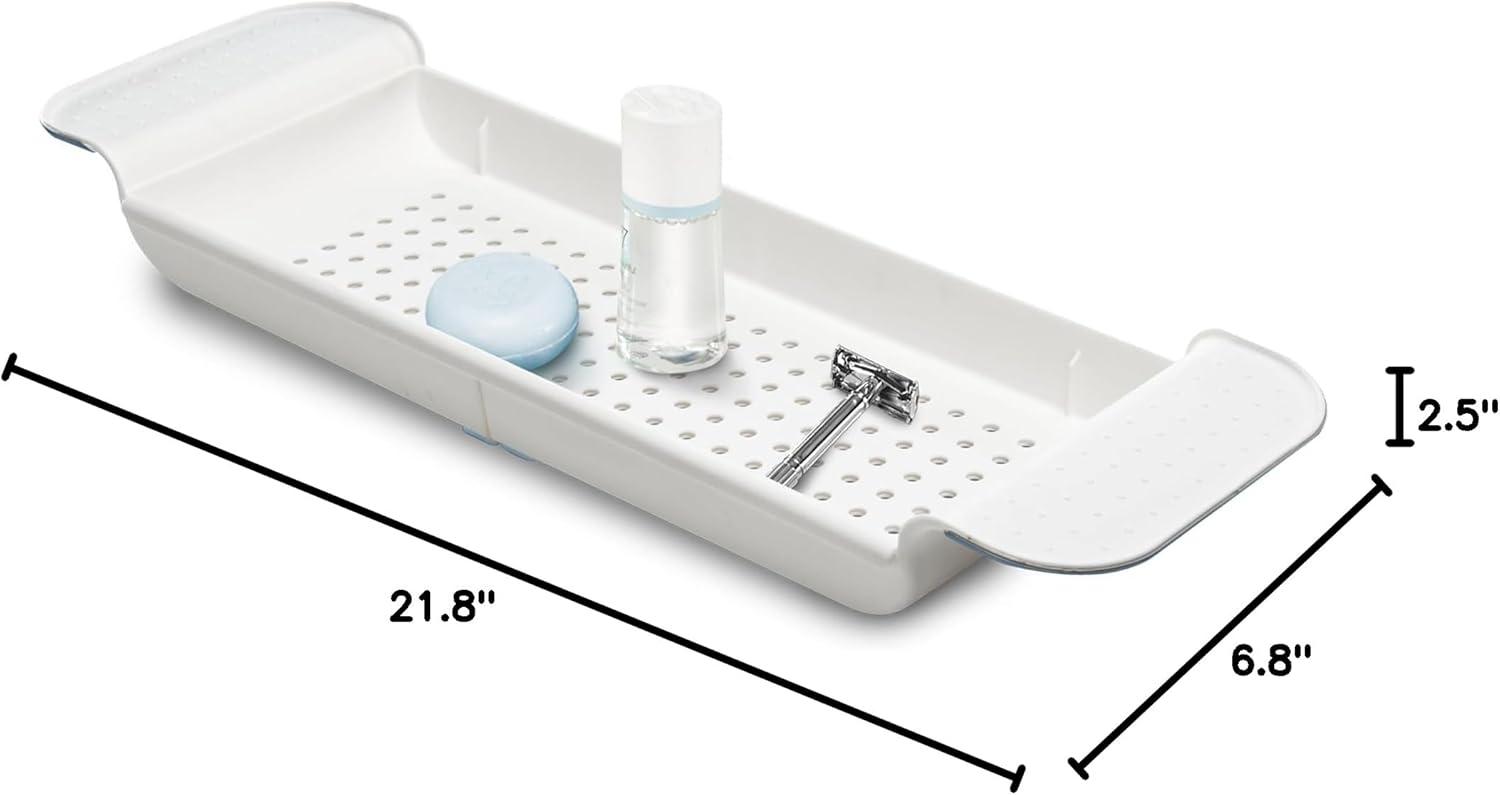 Expandable White and Blue Plastic Bathtub Tray