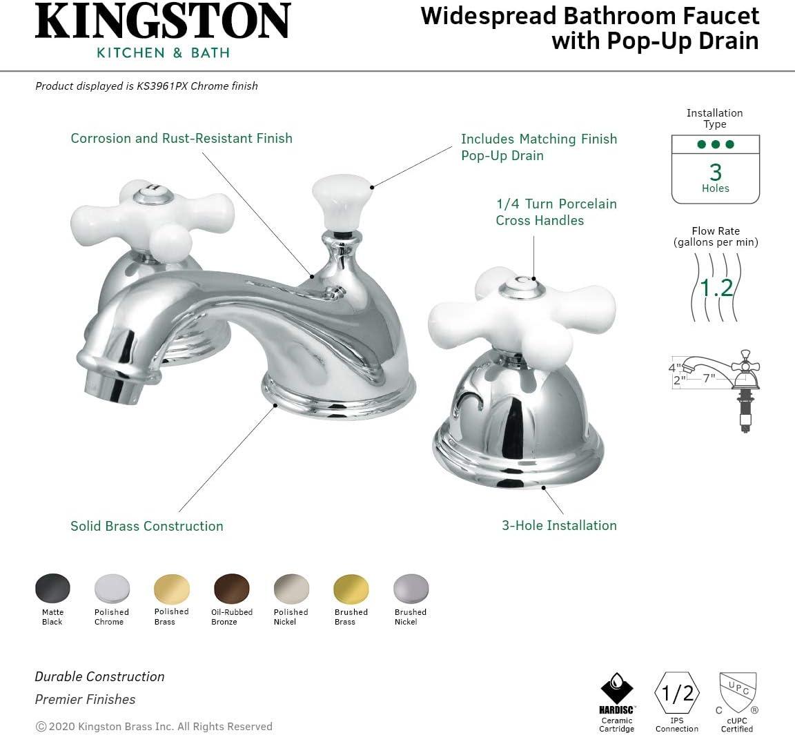 Kingston Brass Restoration Two-Handle 3-Hole Deck Mount Widespread Bathroom Faucet with Brass Pop-Up Drain