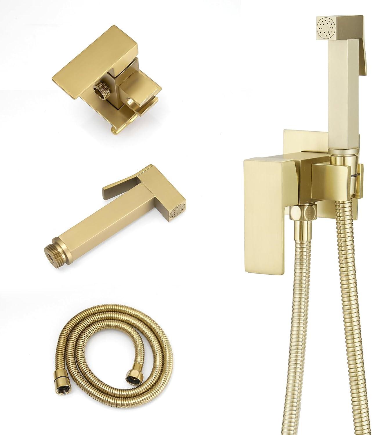 BWE Handheld Toilet Bidet Sprayer for Toilet with Adjustable Water Pressure Hot and Cold Bidet Spray Set Toilets Bidets Wall Mount Cleaning Faucet Jet for Feminine Wash, Brushed Gold