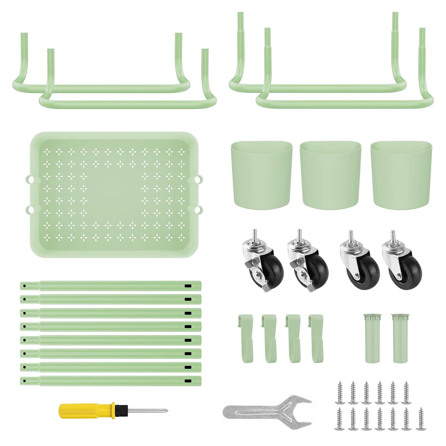 3-Tier Metal Rolling Cart Utility Cart Storage Cart with Lockable Wheels, 3 Hanging Cups & 4 Hooks for Office, Kitchen, White