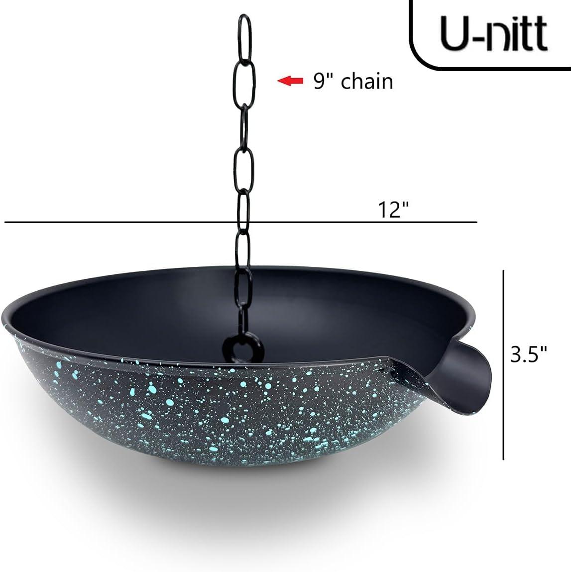 U-nitt 12" Anchoring Basin/Bowl/Dish for Gutter Rain Chain, Spill Bowl for Fountain, with Scupper, Birdbath Alternative, with Attachment Chain, Black Powder Coated with Patina, 972PA