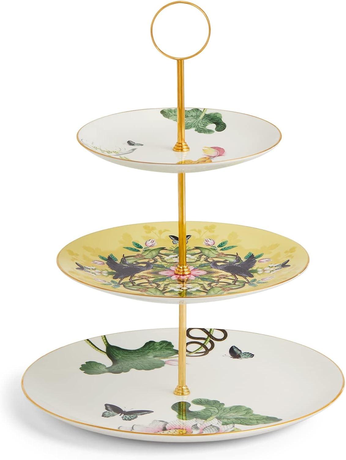 Wonderlust Waterlily Three-Tier Ceramic Cake Stand with Gold Accents