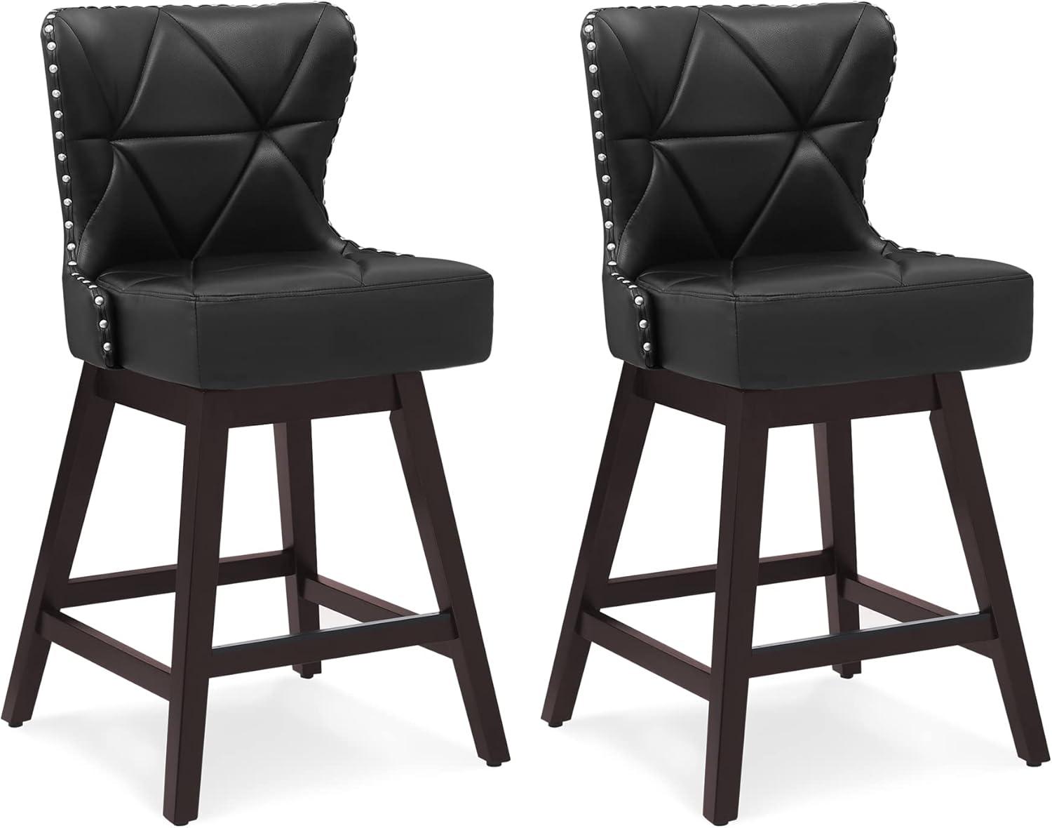 26" Black Faux Leather Swivel Bar Stools with Wood Frame, Set of 2