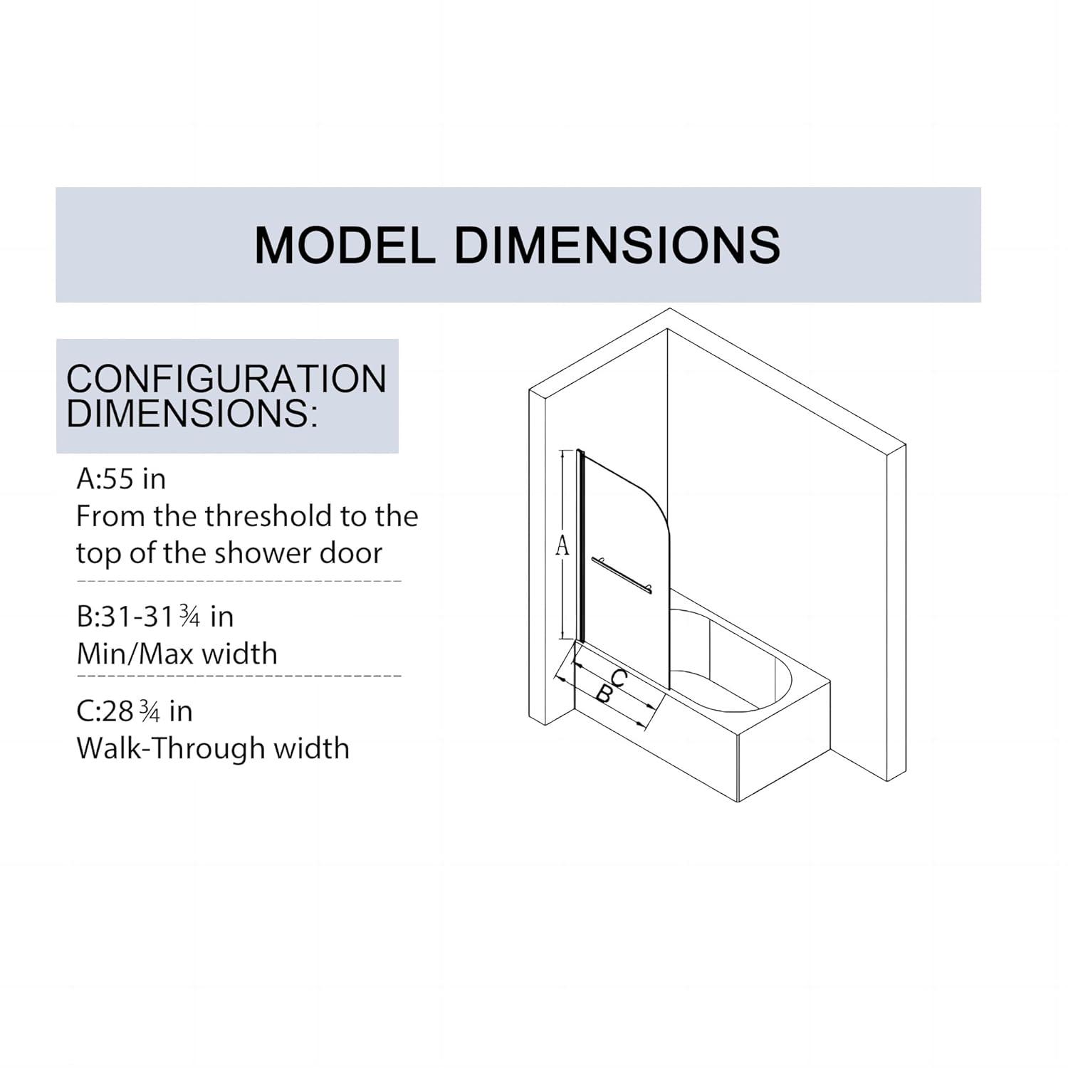 31"W x 55"H Frameless Folding Pivot Shower Tub Door Reversible Installation