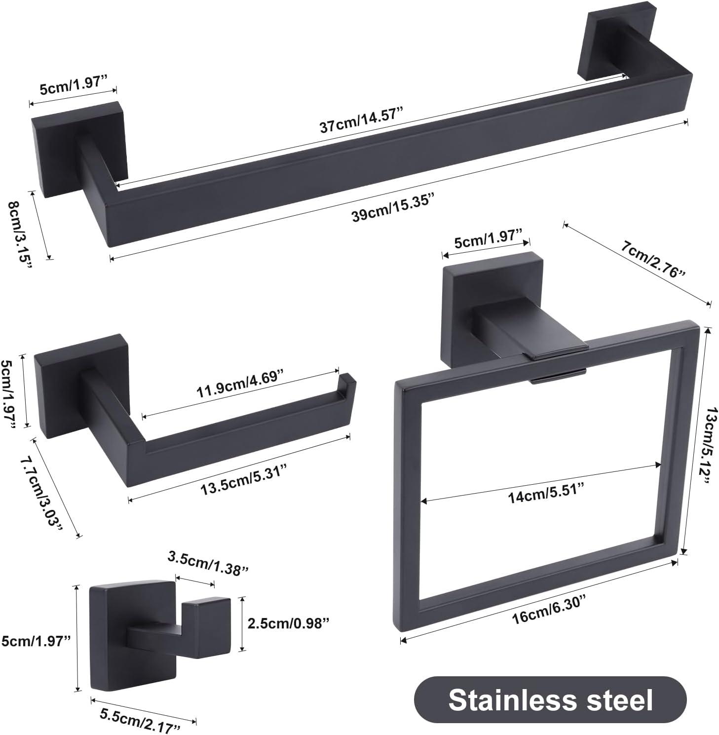 Stainless Steel Matte Black Bathroom Hardware Accessories - 5 Piece Set with 16 inch Square Towel Bar, Towel Rack & Holder