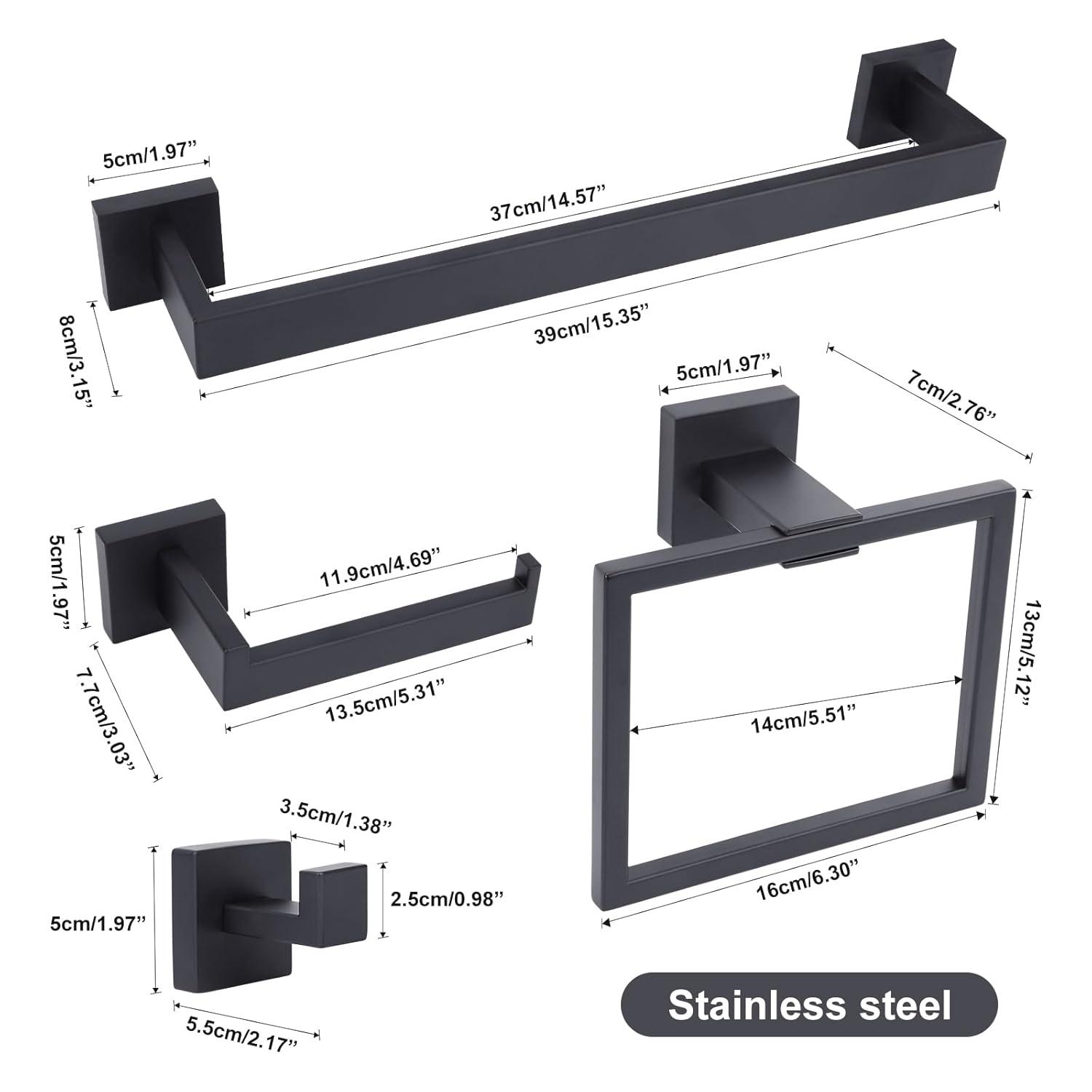 Stainless Steel Matte Black Bathroom Hardware Accessories - 5 Piece Set with 16 inch Square Towel Bar, Towel Rack & Holder