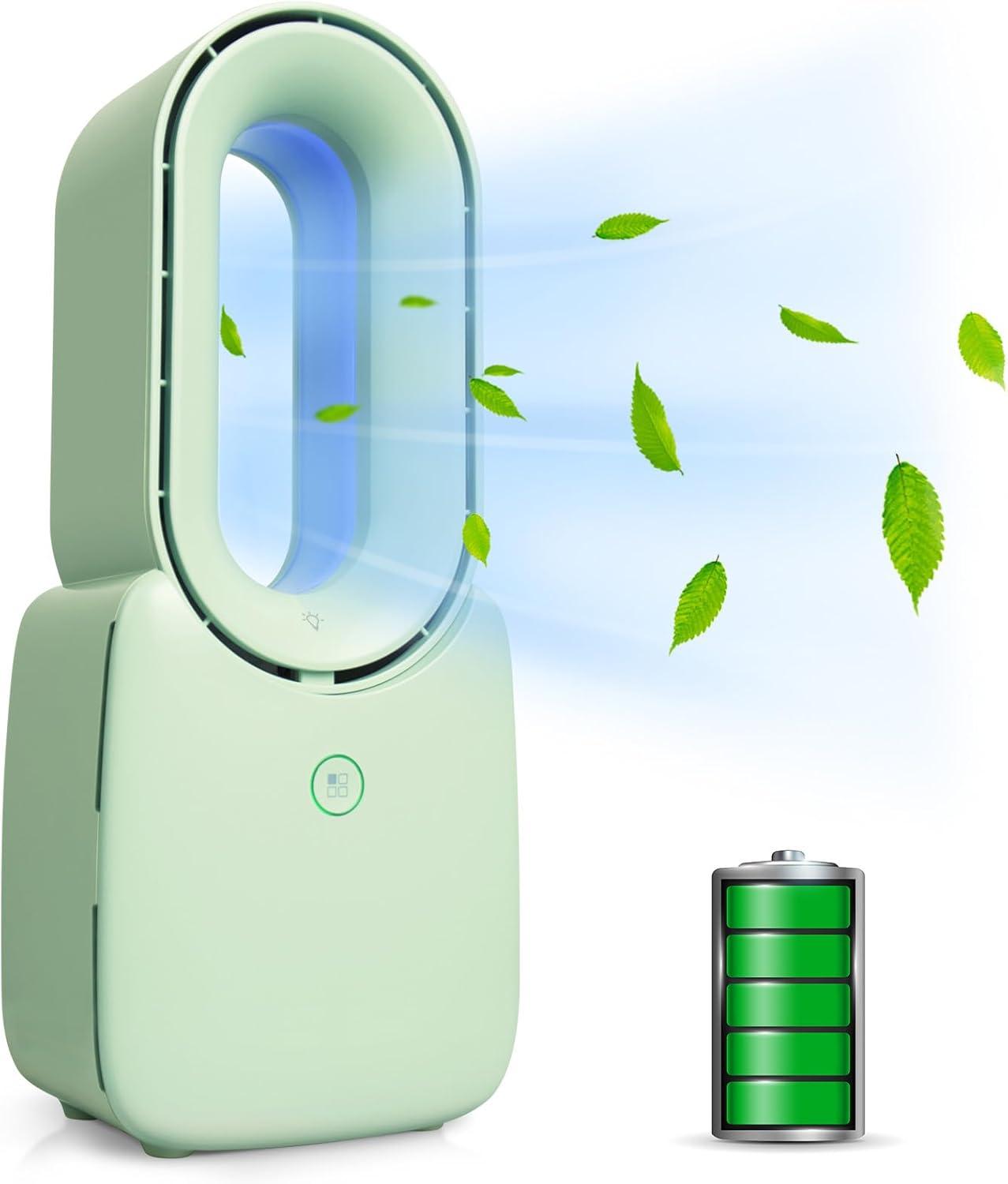 CONBOLA Desk Fan, 11.8 Inch Bladeless Fan Small Table Fan Air Cooler, Portable Rechargeable Breeze Quiet Fan with Touch Control 5-Colors Decorative LED Light for Office Bedroom（Green）
