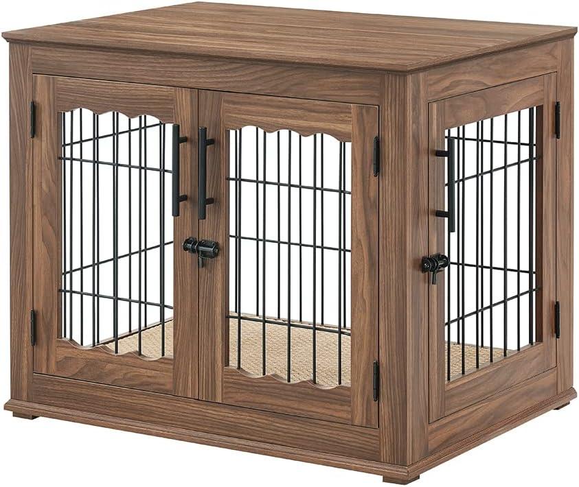 Walnut Medium Wooden Dog Crate End Table with Bed