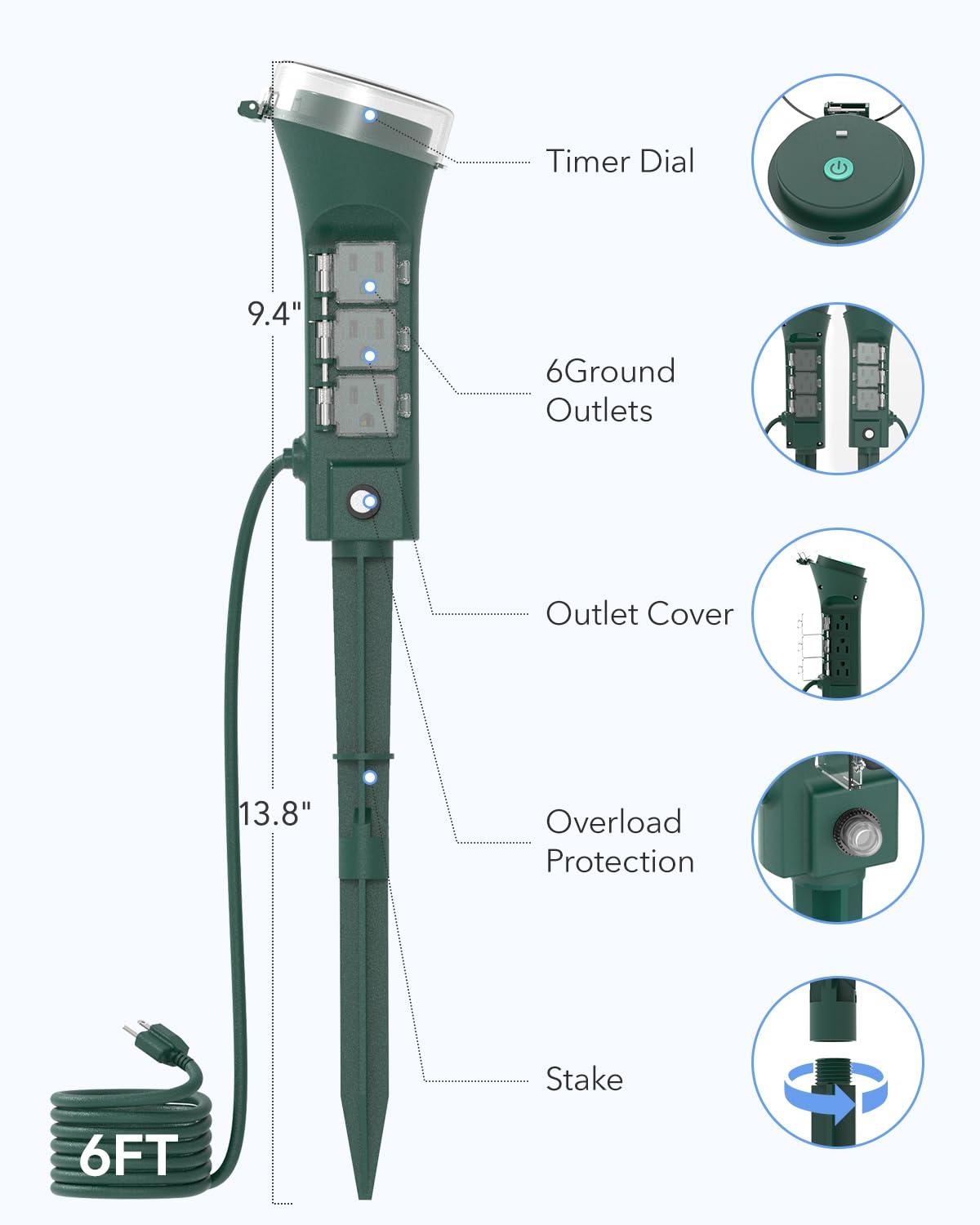 HBN Outdoor Smart Plug Waterproof WiFi Outdoor Outlet Timer with 6 Grounded Outlets, Remote & Voice Control Heavy Duty Yard Stake Plug Compatible with Alexa and Google Assistant
