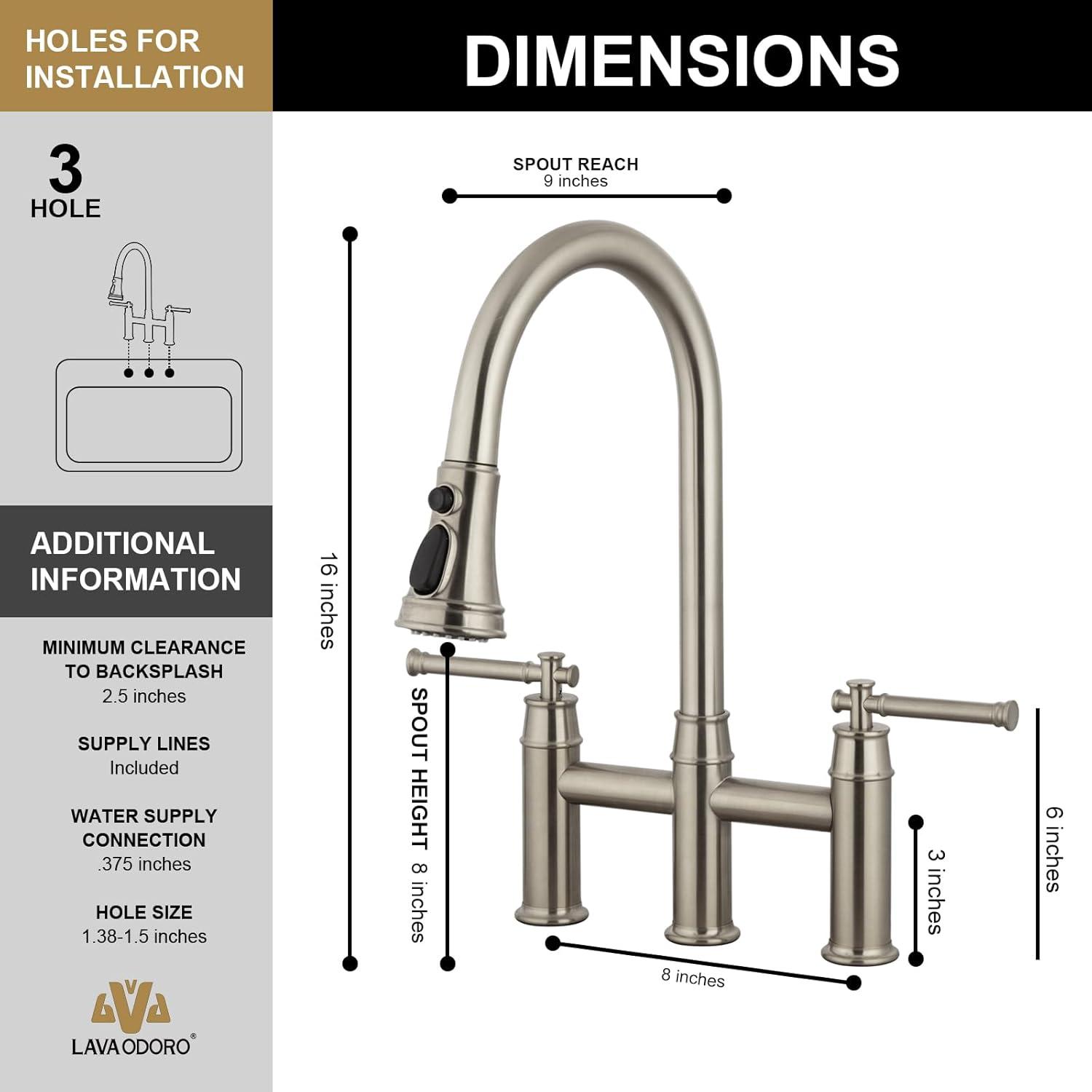 Brushed Nickel Double Handle Bridge Kitchen Faucet with Pull-Down Sprayer