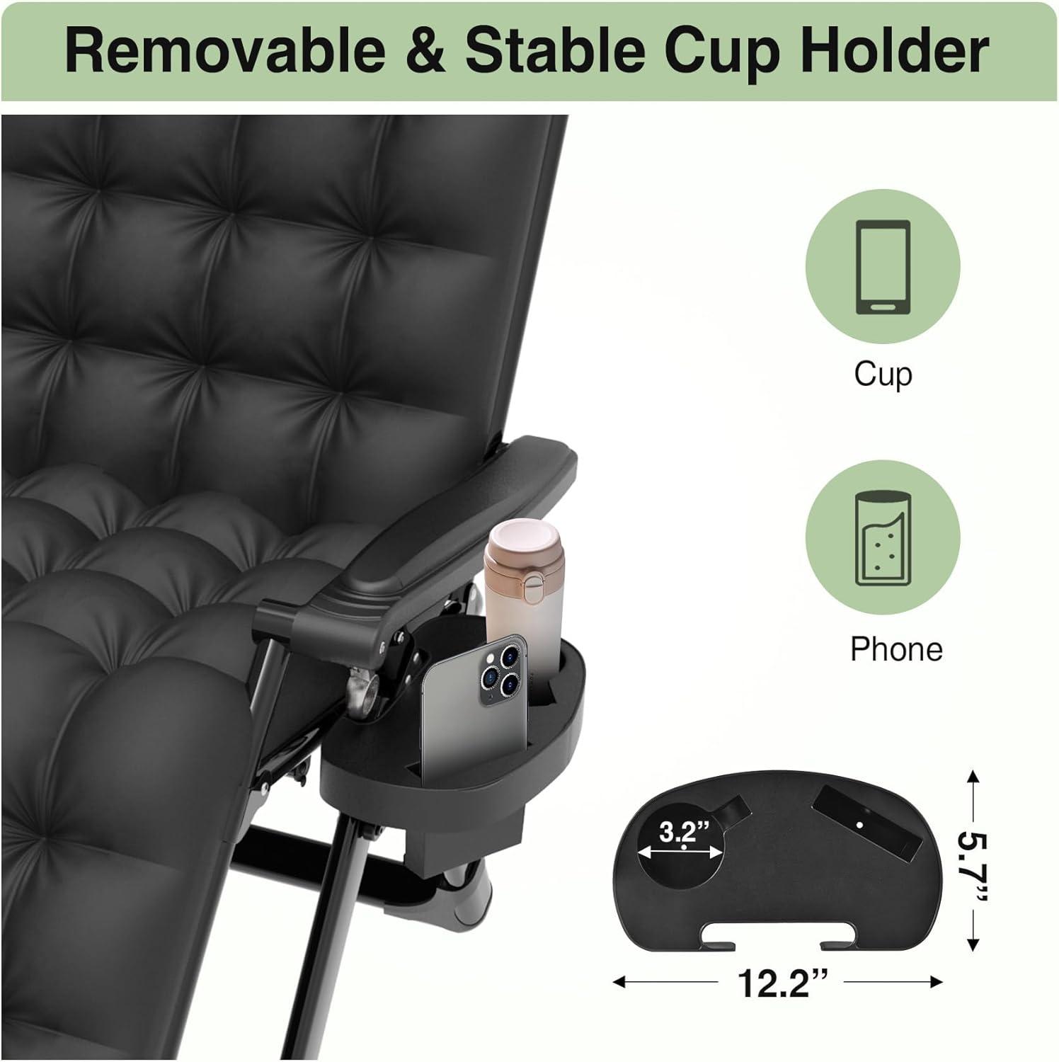 Black Cushioned Zero Gravity Reclining Lounger with Cup Holder