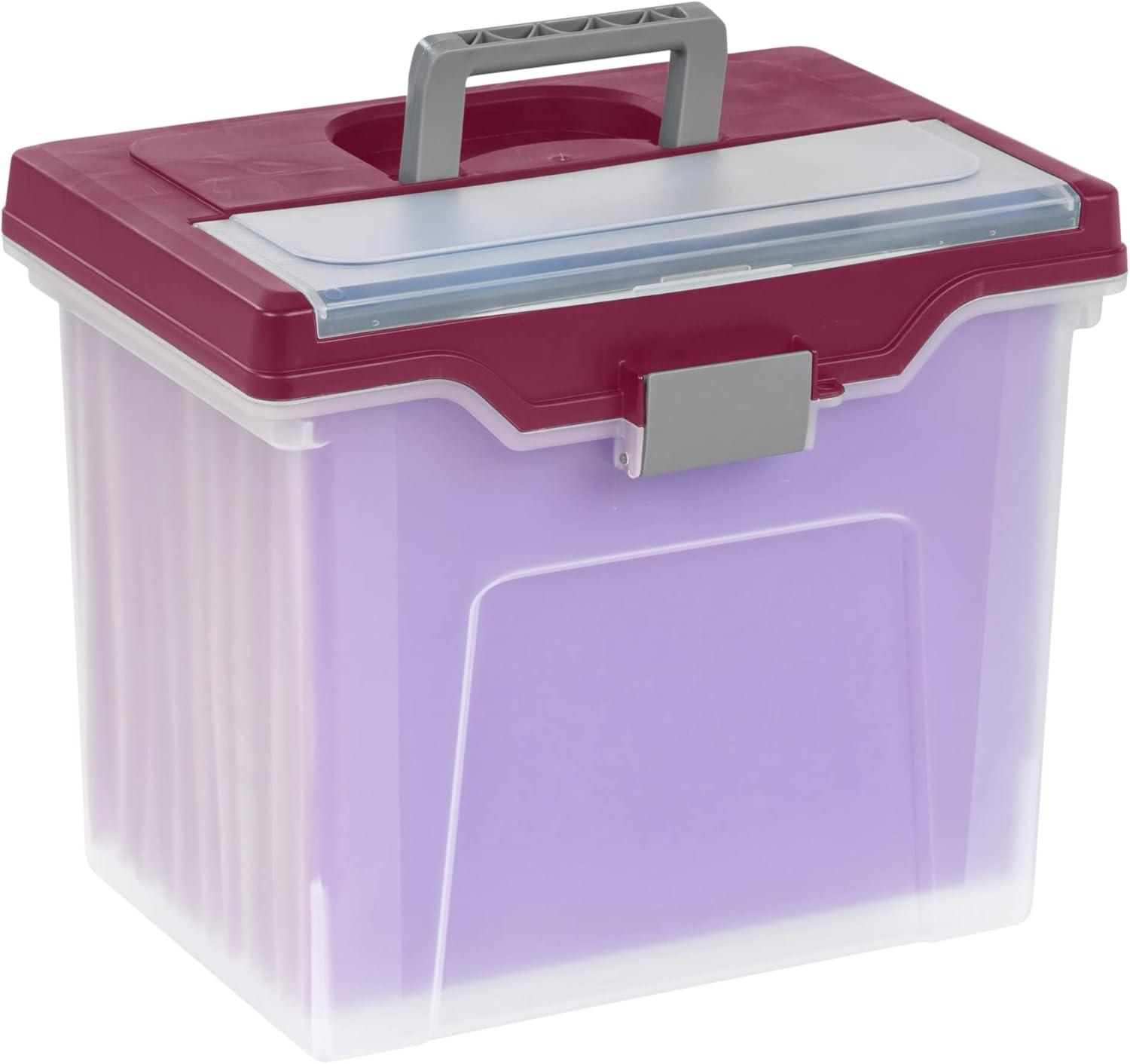 Large Clear and Burgundy Portable File Box with Lockable Buckle