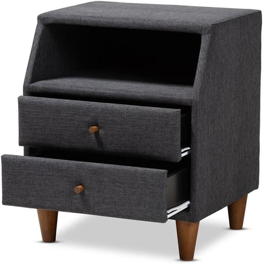 Baxton Studio Claverie Mid-Century Modern Charcoal Fabric Upholstered 2-Drawer Wood Nightstand