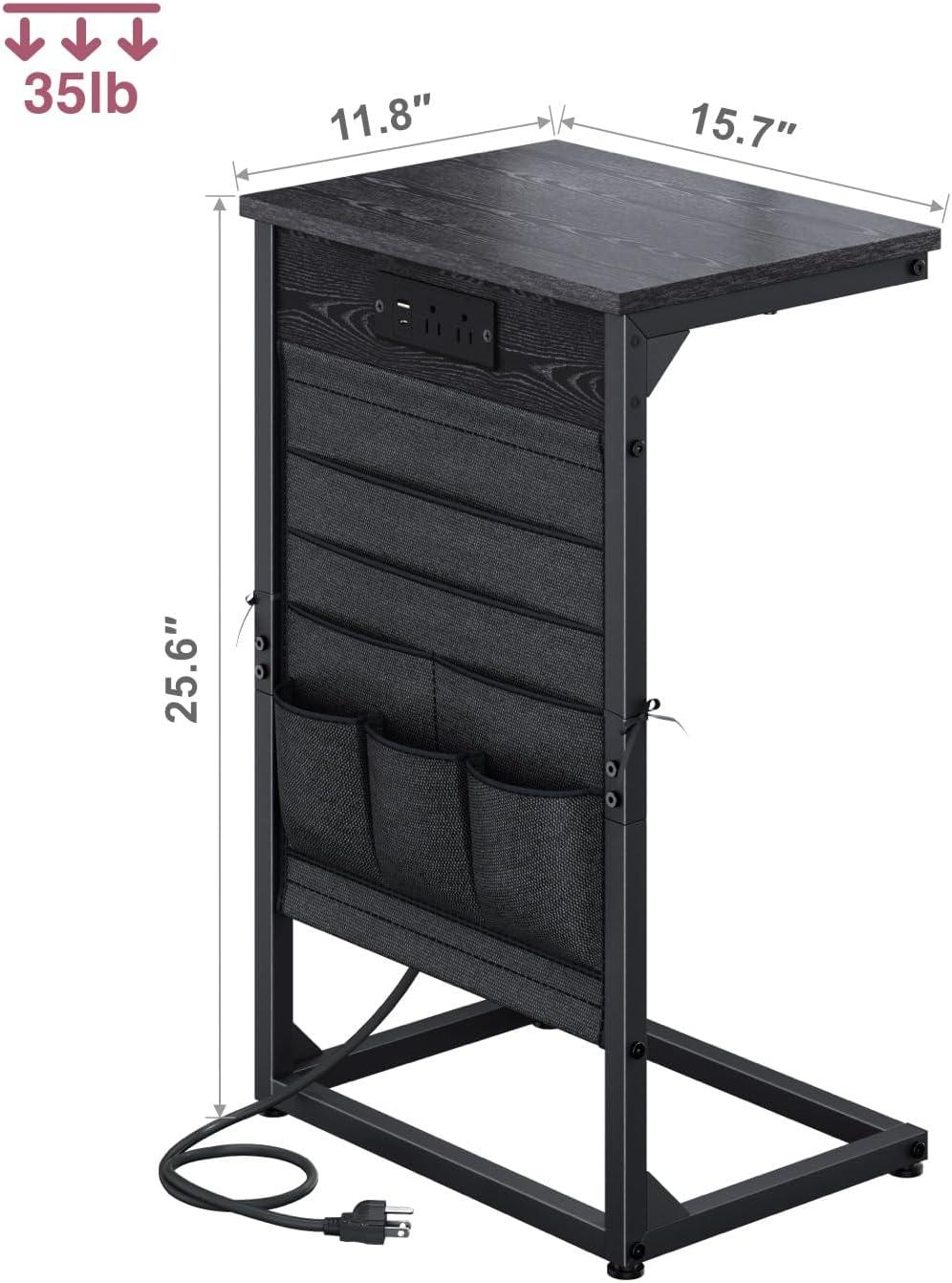 Black Metal C-Shaped End Tables with Charging Station