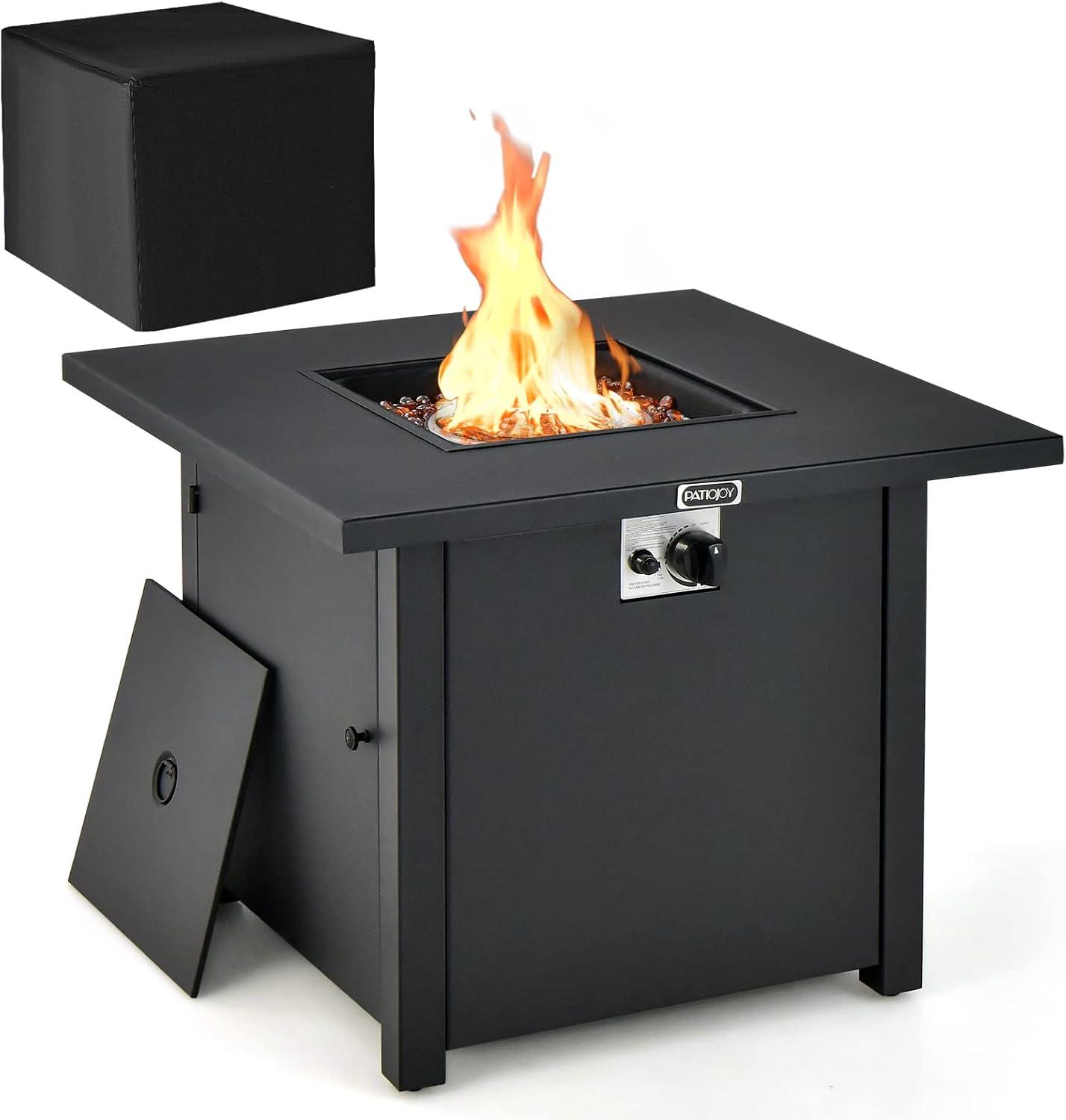 Tangkula 32 Inch Patio Propane Gas Fire Table 50,000 BTU Square Fire Pit Table w/ Clear Glass Rocks & PVC Protective Cover