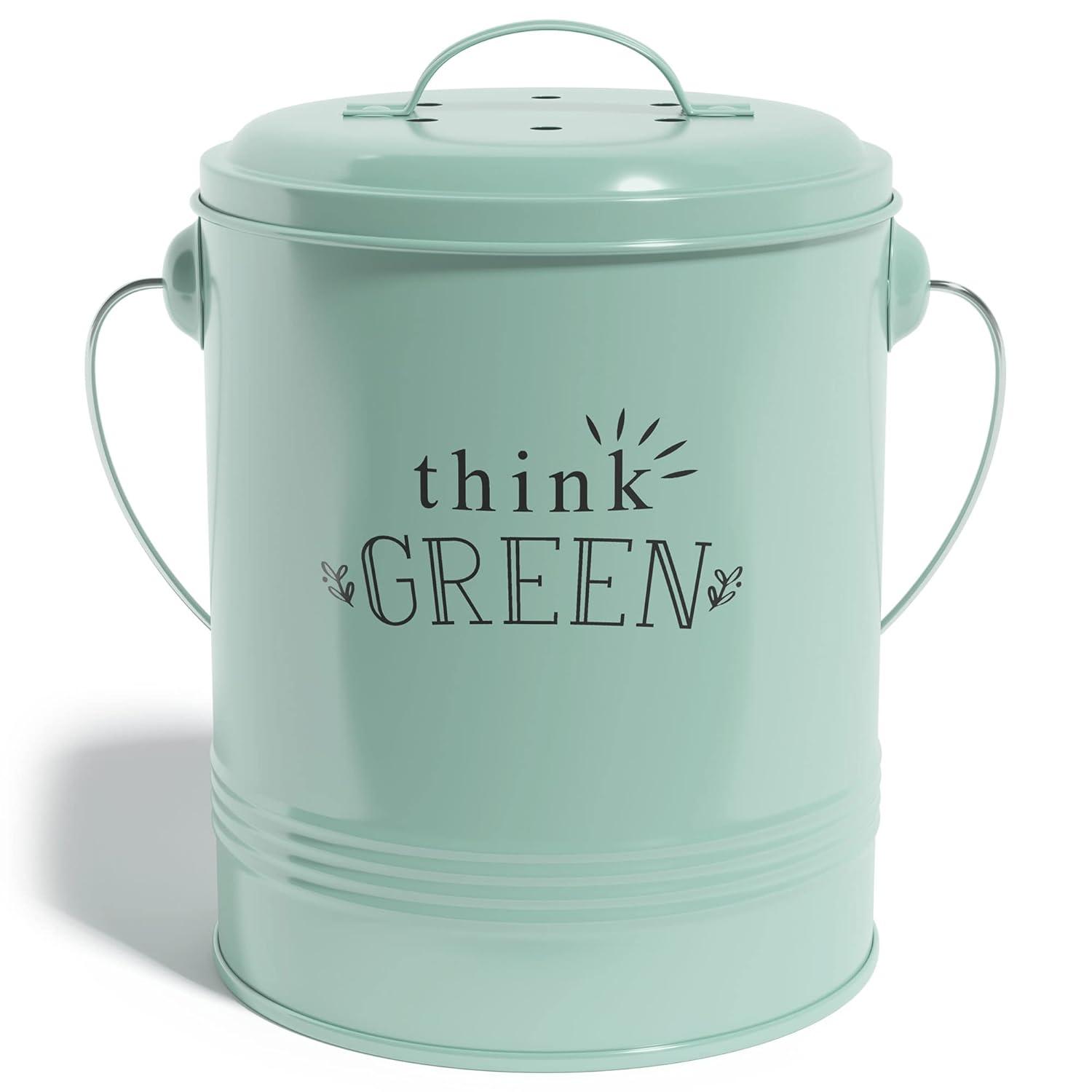 Barnyard Designs Kitchen Compost Bin Kitchen Counter Indoor Compost Bin, Countertop Compost Bin with Lid, Composting Bin Food Waste Composter Bin Cycler Bucket with Filter, 1.2 Gallon 7”x9.5”, Mint