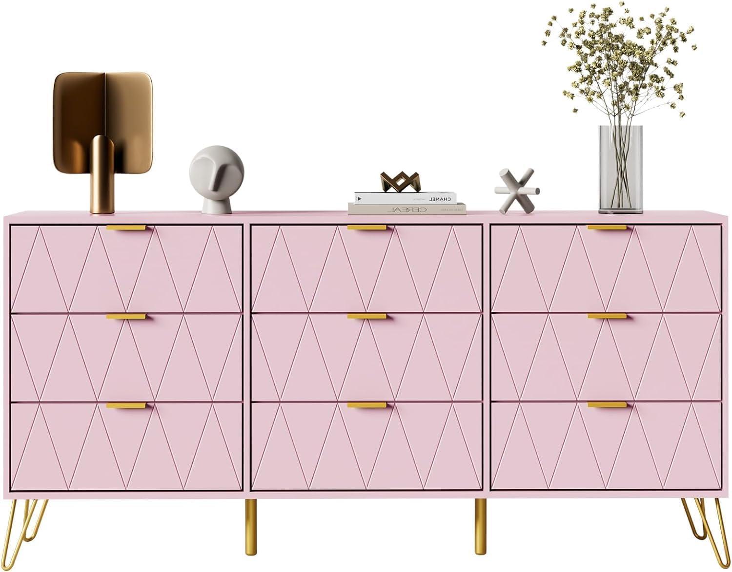 Pink Geometric 9-Drawer Dresser with Gold Accents