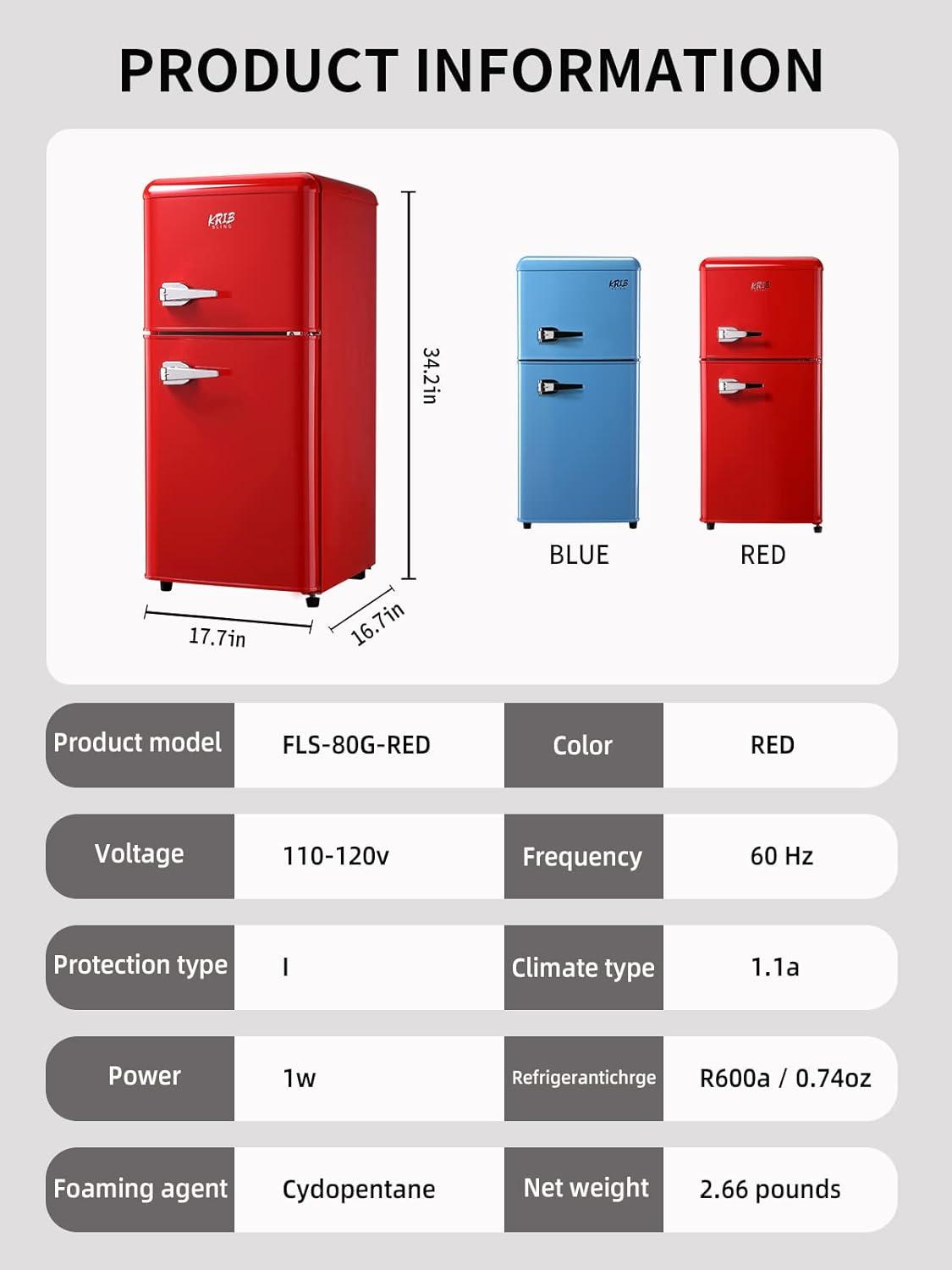 Krib Bling 3.5Cu.ft Compact Refrigerator with 7 Level Thermostat, Mini Fridge with Freezer, 2 Door Portable Fridge with Removable Glass Shelves, Suitable for Kitchen, Apartment, Dorm, Bar Red