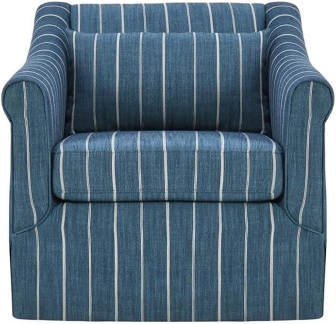 Blue Striped Linen Swivel Accent Chair with Rolled Arms