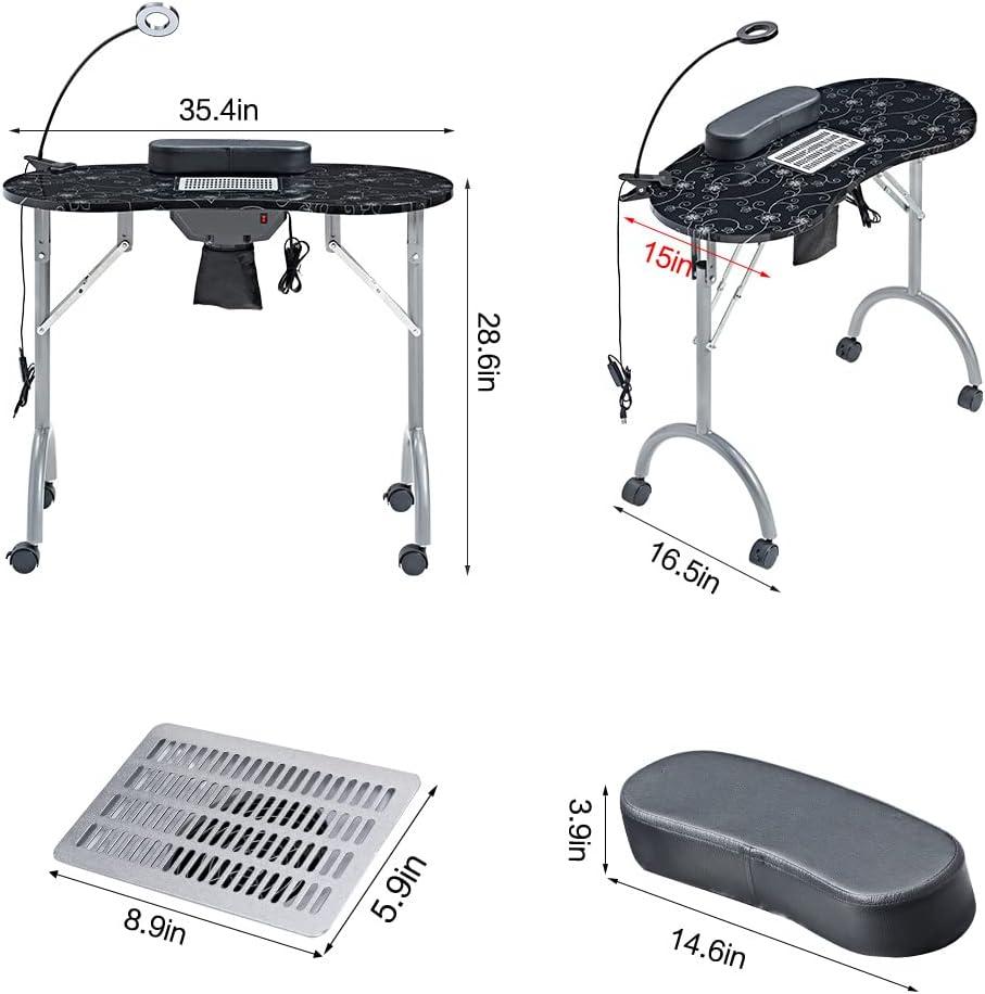 Nail Desk Portable Manicure Table, Professional Nail Table with USB-plug LED Table Lamp, Sponge Pillow, Electric Dust Collector, Carrying Bag, Black
