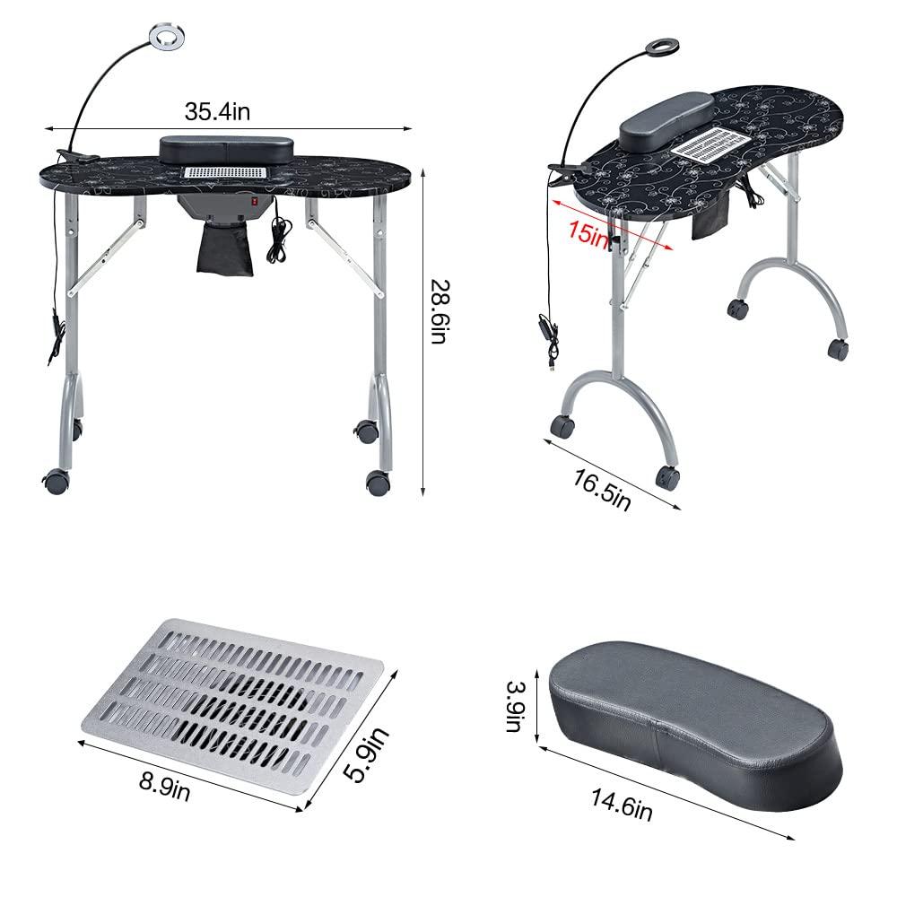 Nail Desk Portable Manicure Table, Professional Nail Table with USB-plug LED Table Lamp, Sponge Pillow, Electric Dust Collector, Carrying Bag, Black