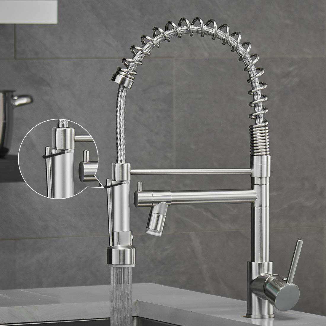 Qomolangma Commercial LED Kitchen Sink Faucet with Pull Down Sprayer, Modern Single Handle Kitchen Faucets with Light, Brushed Nickel