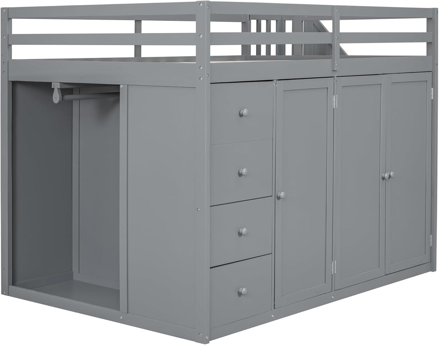 Quarte Multifunctional Loft Bed, Full Size Loft Bed with Built-in Wardrobes, Cabinets and Drawers for Kids Teens Adults, No Box Spring Required (Gray/Pine3, Full)