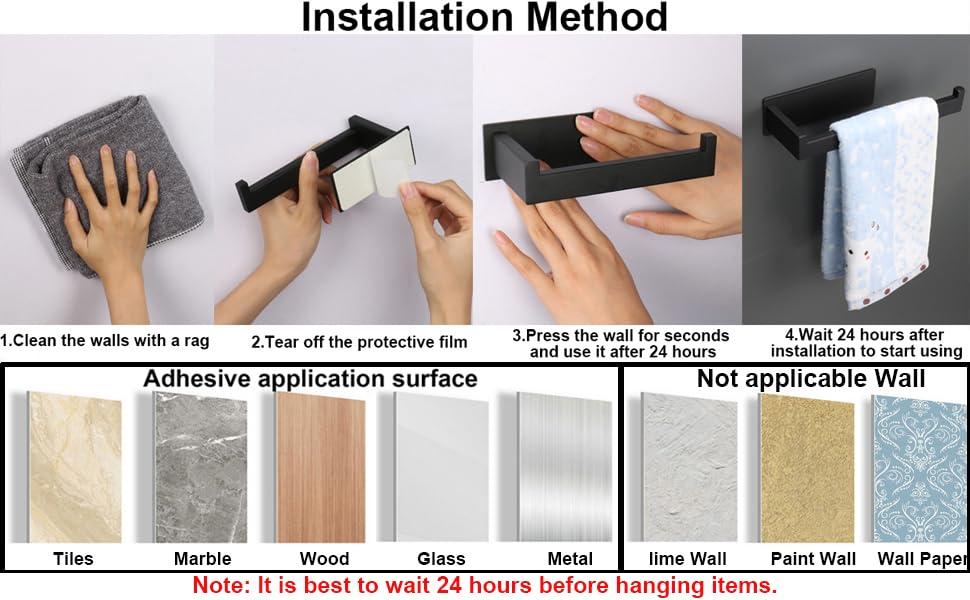 Hand Towel Holder, Strong Self Adhesive Hand Towel Ring, Thicken SUS304 Stainless Steel Hand Towel Bar/Rack, No Drilling Modern Hand Towel Hanger (Matte Black, 9 in)