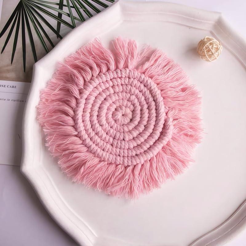 2 Posavasos Bohemios de Macramé para Bebidas, Posavasos Absorbentes con Borla, Posavasos Redondos de Algodón Hechos a Mano de 7 Pulgadas para Mesa de Escritorio, Cocina, Oficina, Hogar, Bar, Protección de Mesa, Regalo de Inauguración de la Casa, Rosa