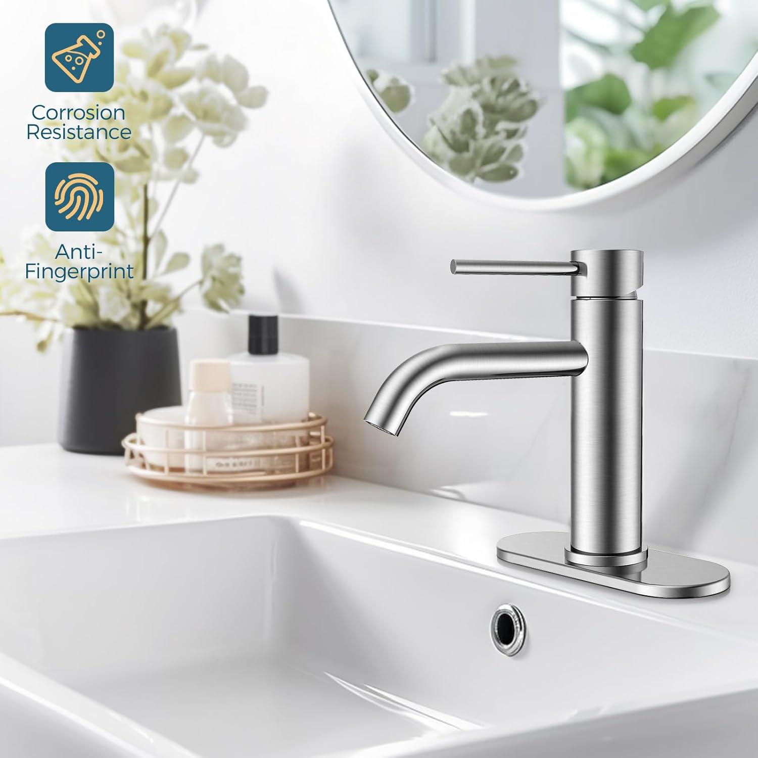 Single Handle Mid-Arc Bathroom Faucet with Deckplate and Pop-Up Drain in Brushed Nickel