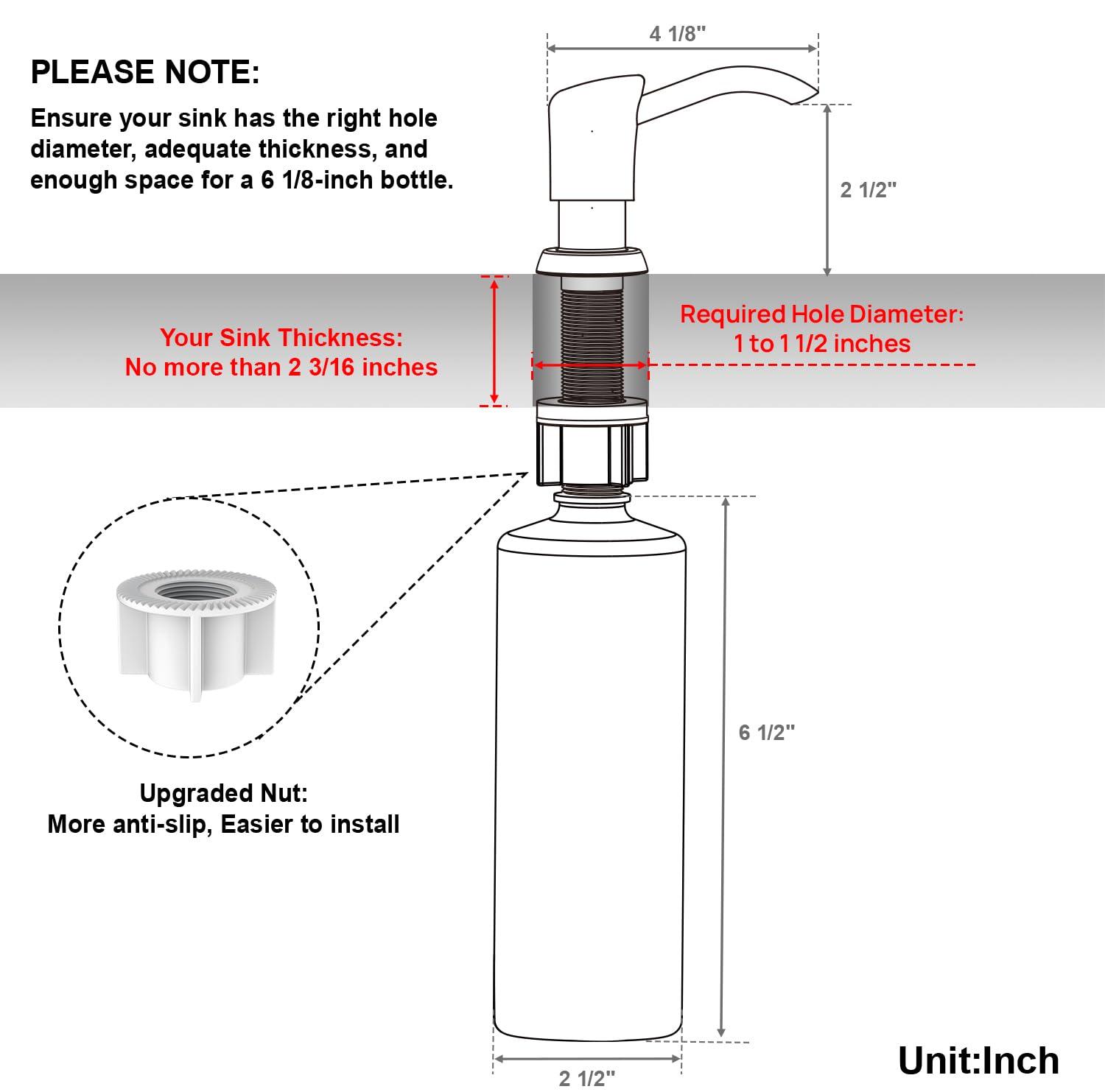 GAGALIFE Built in Sink Soap Dispenser or Lotion Dispenser for Kitchen Sink, Brushed Gold ABS Pump Head, with 17 Ounce Large PET Soap Bottle