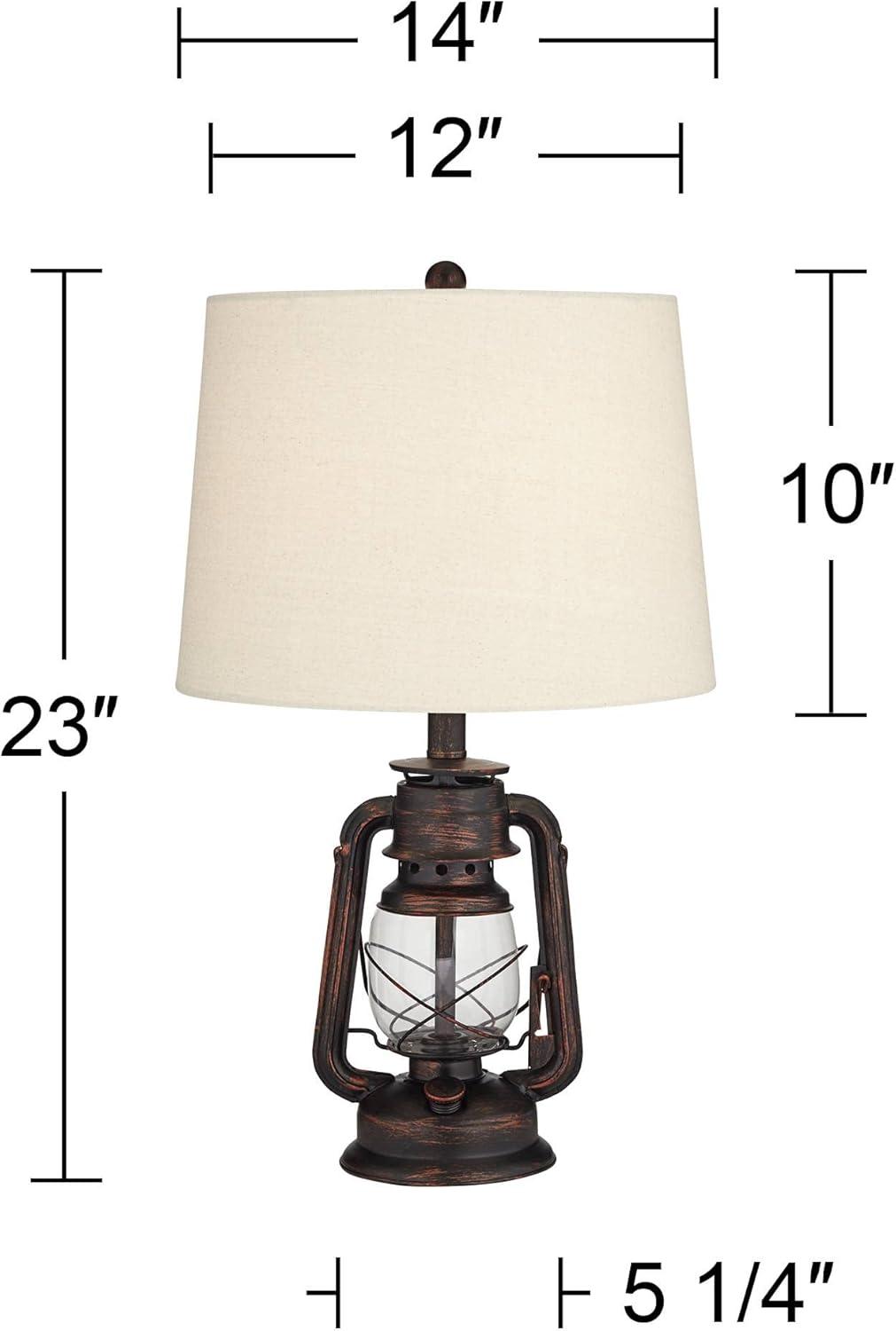 Franklin Iron Works Murphy Rustic Industrial Accent Table Lamp Miner Lantern 23" High Red Bronze Oatmeal Fabric Shade for Bedroom Living Room Office