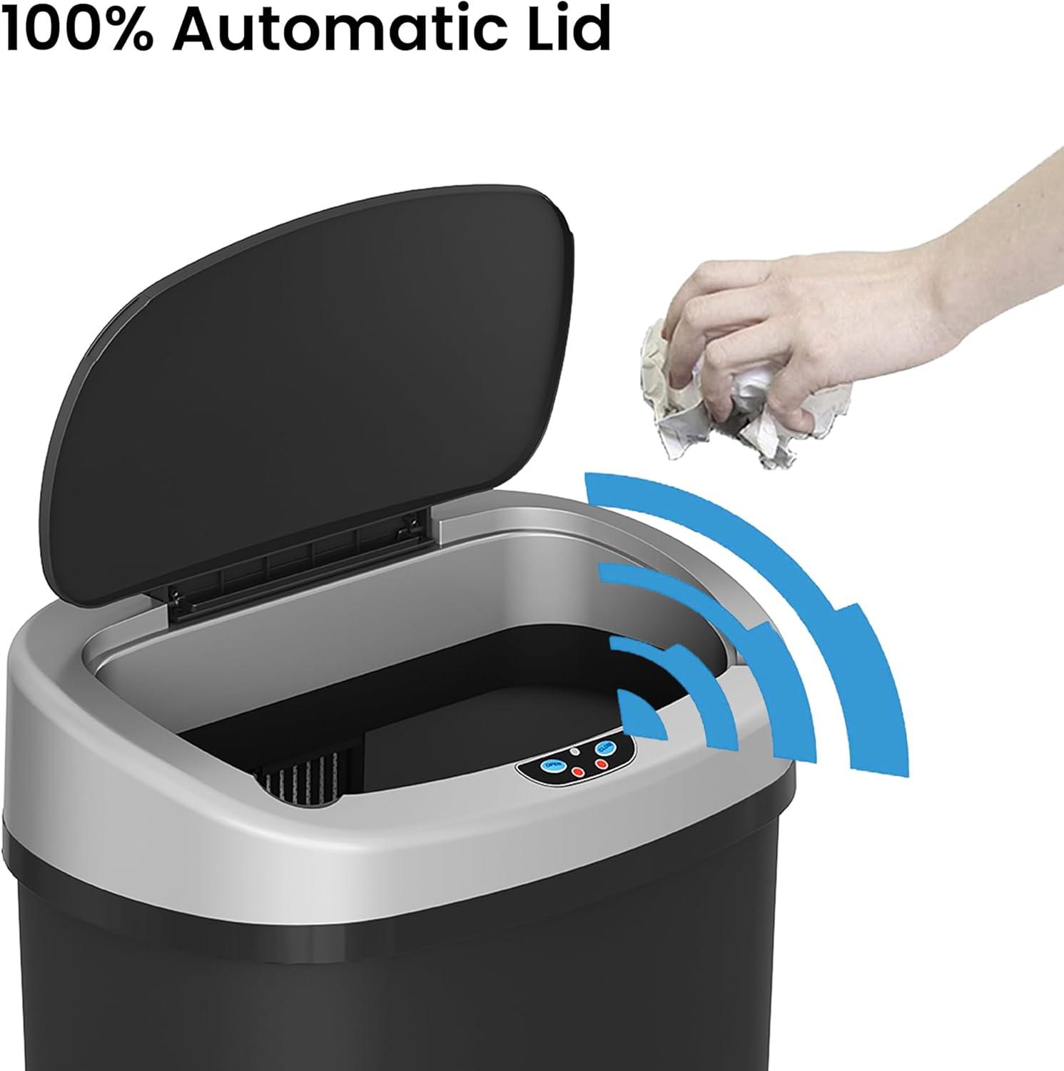 iTouchless 13 Gallon Black Plastic Oval Sensor Kitchen Trash Can with Lid and Odor Filter