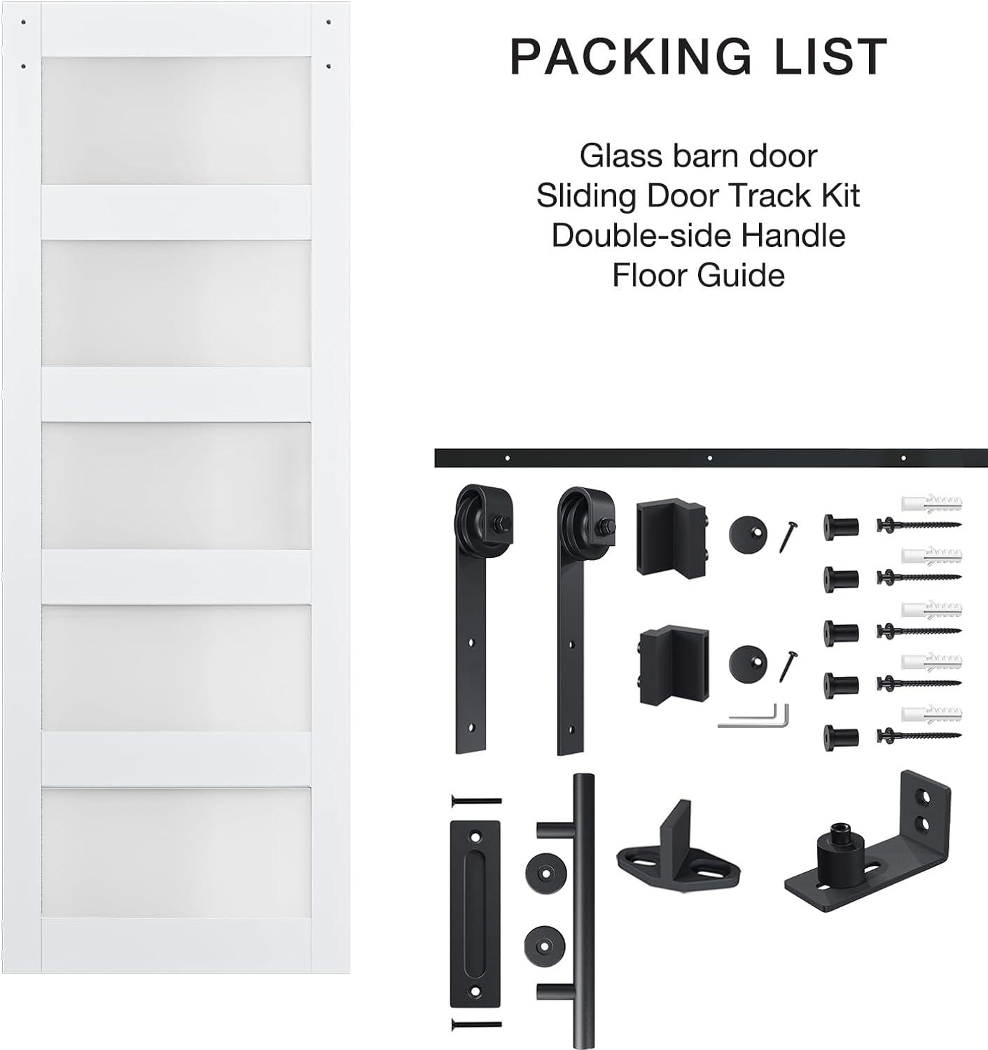 30in x 84in 5-Panel Sliding Glass Barn Door with 5ft Hardware Kit Included, Easy Assembly with Pre-Drilled Holes, Waterproof, Frosted Glass for Bathroom-Fit Max Opening 28in x 82in, White