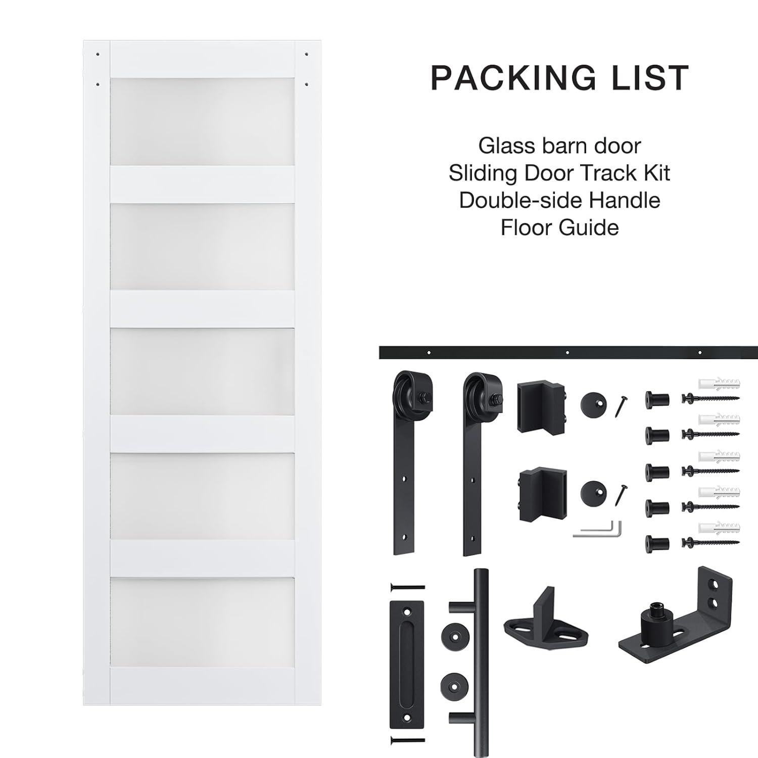 30in x 84in 5-Panel Sliding Glass Barn Door with 5ft Hardware Kit Included, Easy Assembly with Pre-Drilled Holes, Waterproof, Frosted Glass for Bathroom-Fit Max Opening 28in x 82in, White