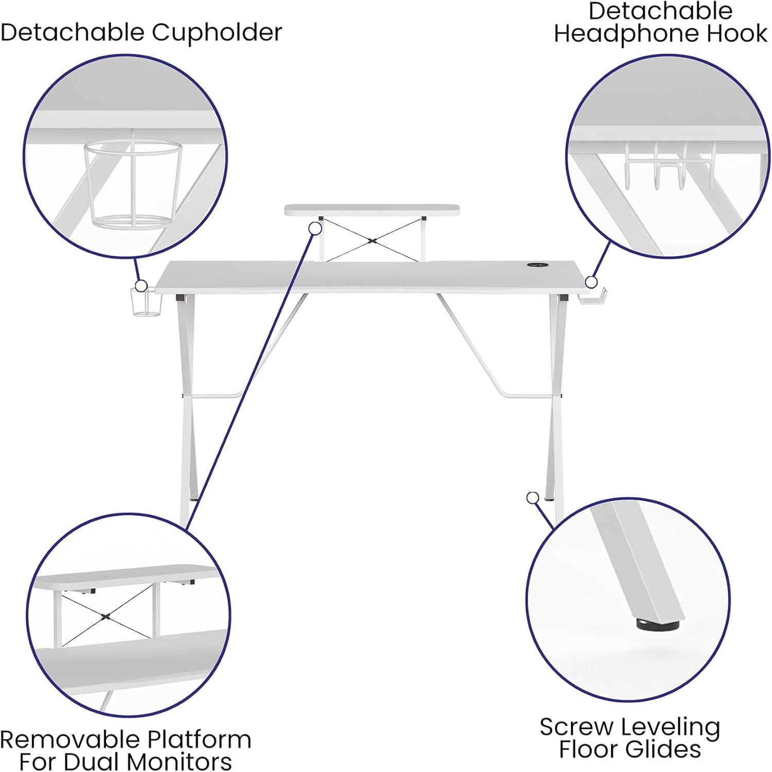 Flash Furniture White Gaming Desk with Cup Holder, Headphone Hook, and Monitor/Smartphone Stand