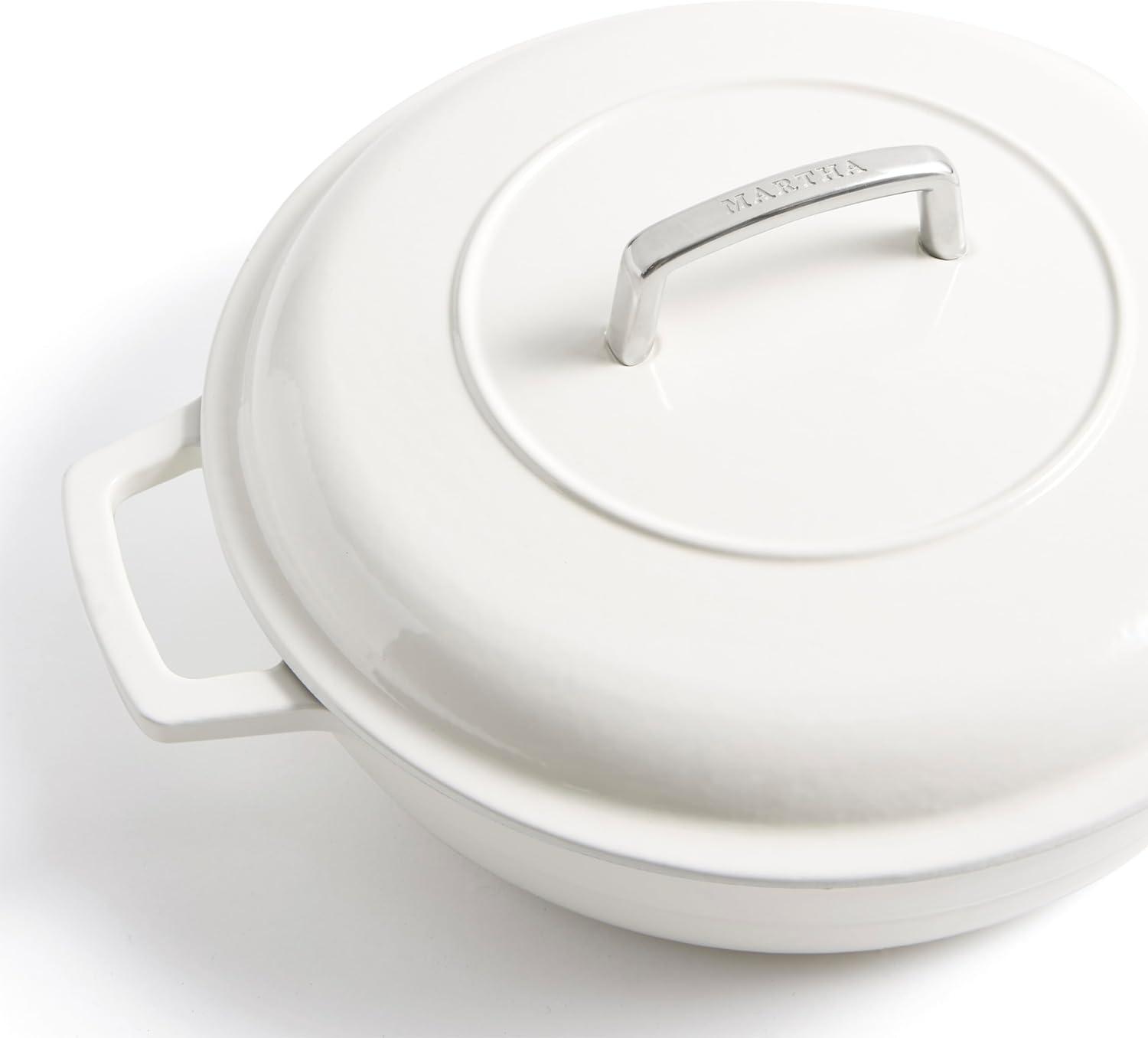 White Enameled Cast Iron Round Braiser with Lid