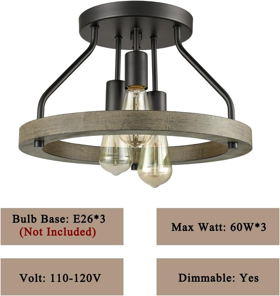 Farmhouse Flush Mount Ceiling Light Black Metal Lighting with Wood Grain Finish