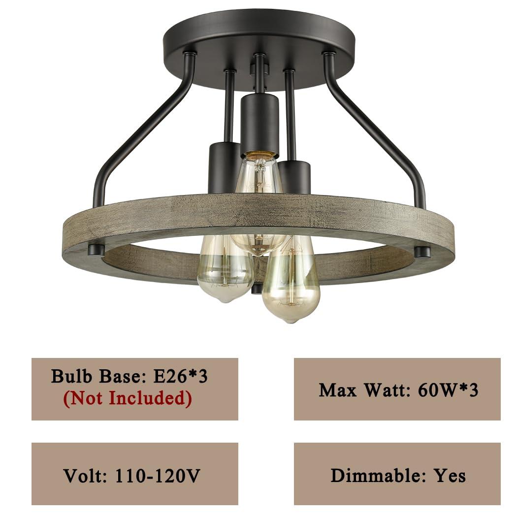 Farmhouse Flush Mount Ceiling Light Black Metal Lighting with Wood Grain Finish