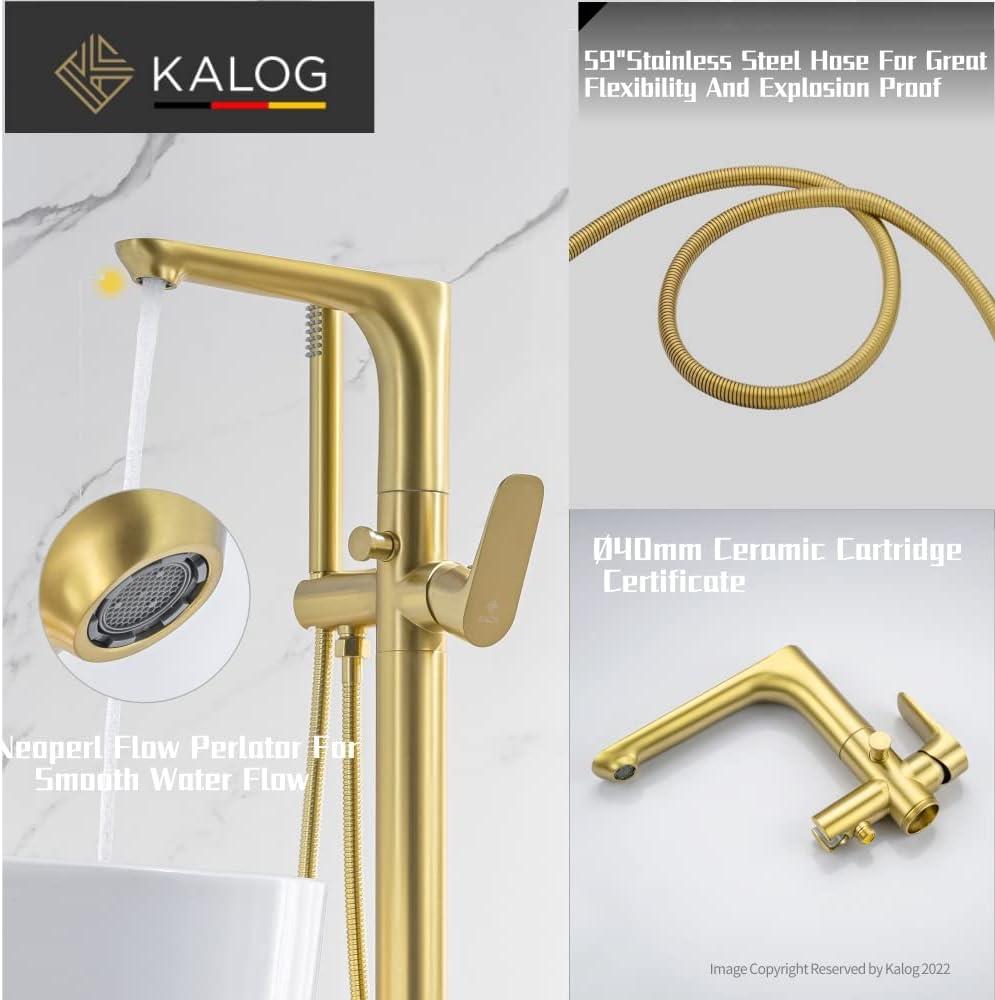 Brushed Gold Freestanding Tub Filler Faucet with Handheld Shower