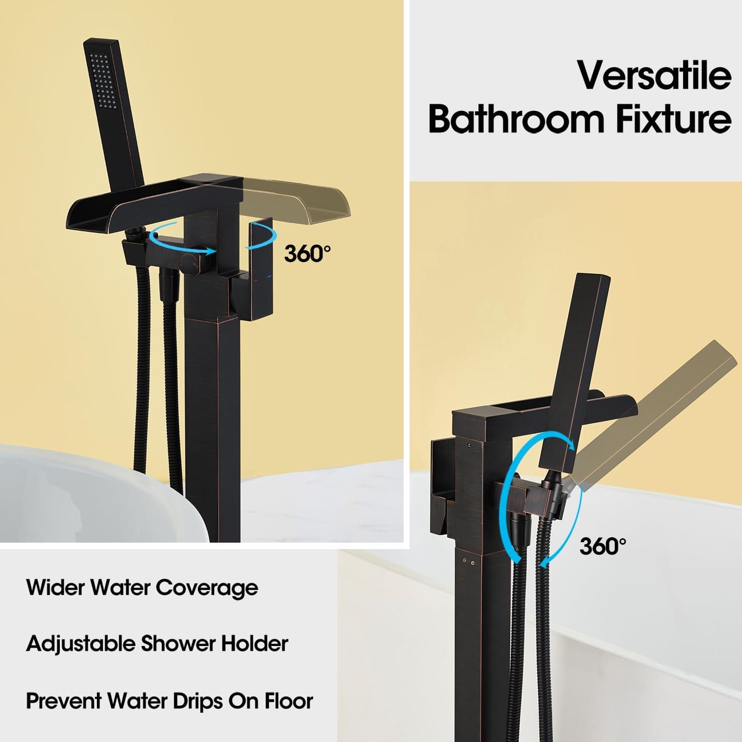 Single-Handle Floor Mount Freestanding Tub Faucet Waterfall Tub Filler with Handheld Shower in Oil Rubbed Bronze