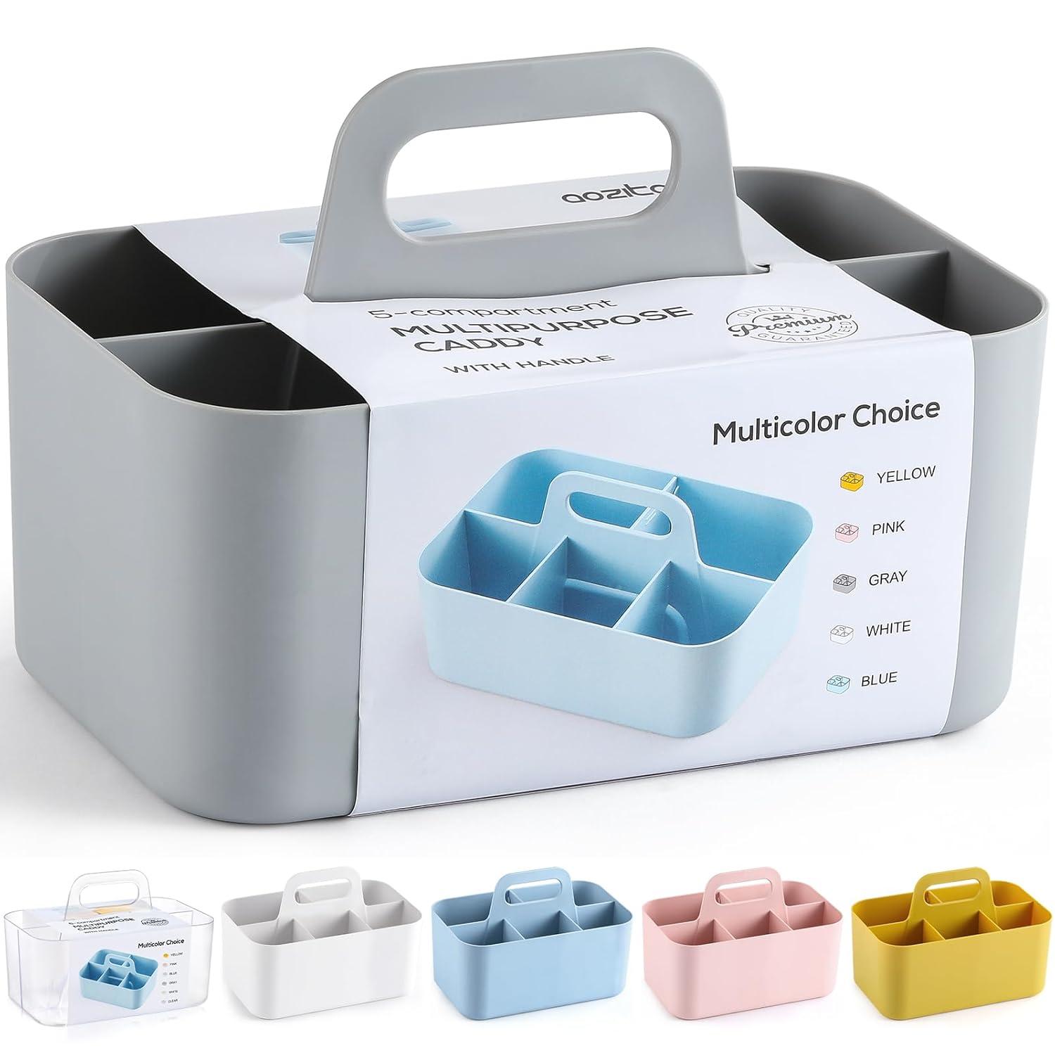 Multiuse Caddy Organizer with Handle - Stackable Plastic Tote Bin - Art Craft Supplies, Office, Desk, Stationery Pen Holder, Kitchen, Utensil, Makeup, Bathroom, Shower, Cleaning, Dorm Organizer - Grey